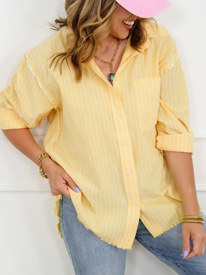 Plus/Reg Pinstripe Long Sleeve Button Down Top with Frayed Detail