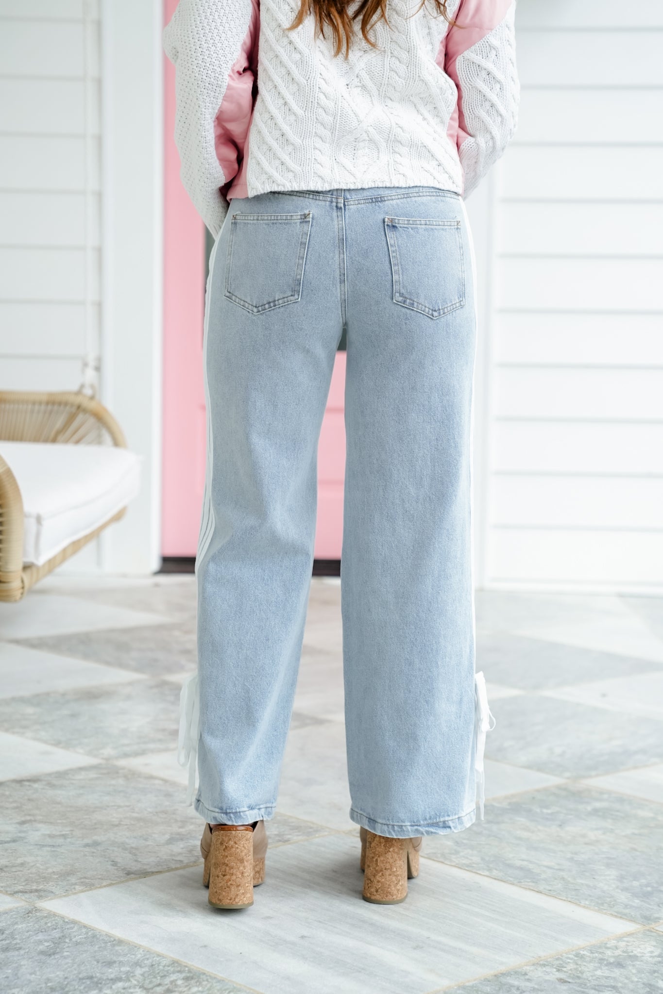 Denim Wide Leg Jeans with Side Trim and Bow Detail