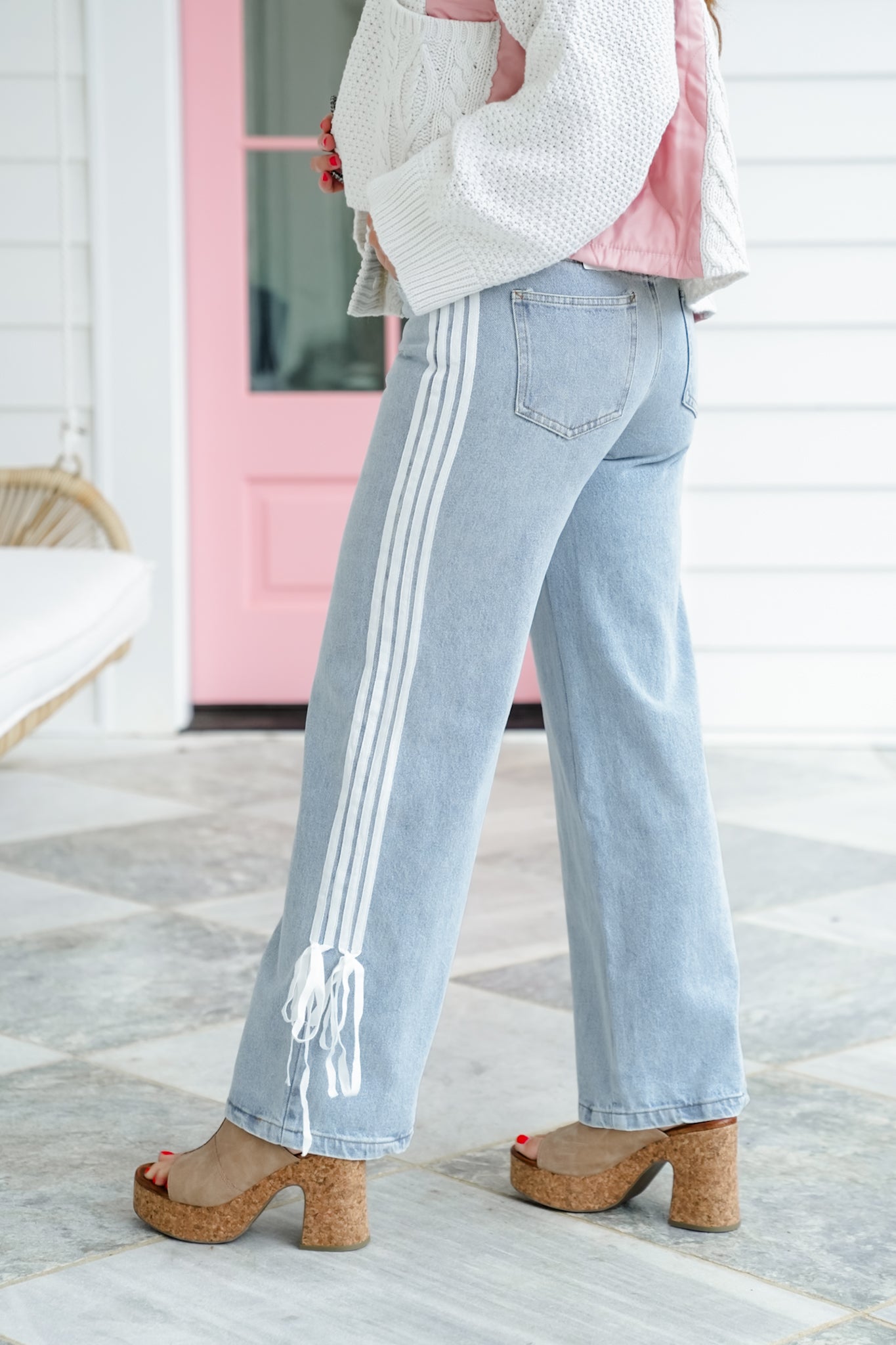 Denim Wide Leg Jeans with Side Trim and Bow Detail