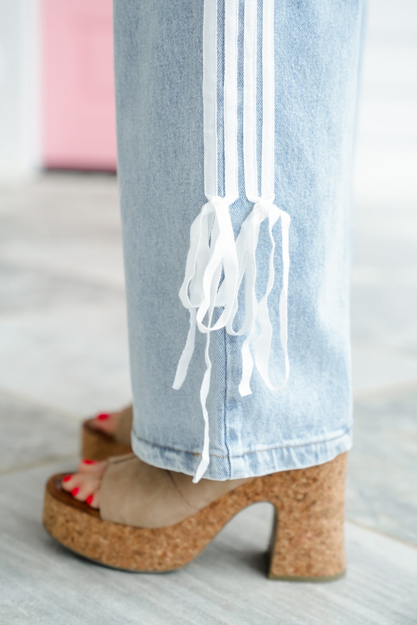 Denim Wide Leg Jeans with Side Trim and Bow Detail