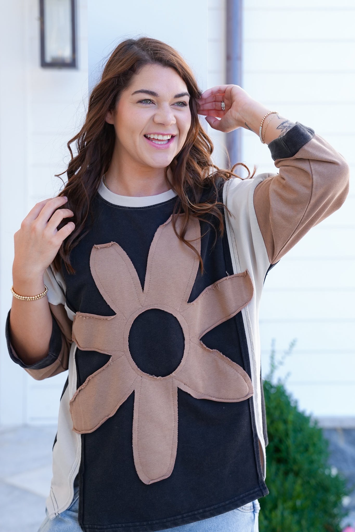 Color Block Flower Patch Long Sleeve Top
