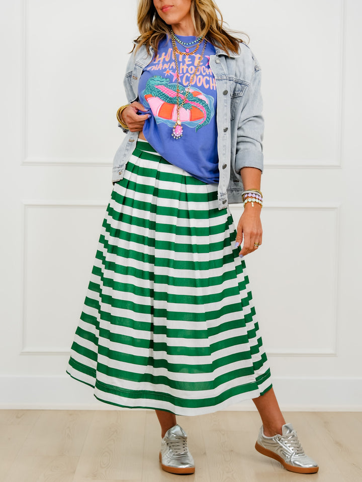 Stripe Pleated Midi Skirt with Side Zipper