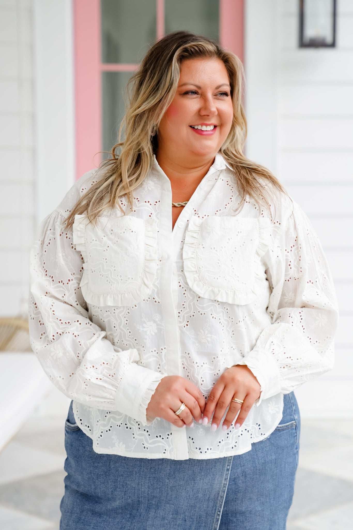 Eyelet Long Sleeve Button Down Top with Ruffle Detail