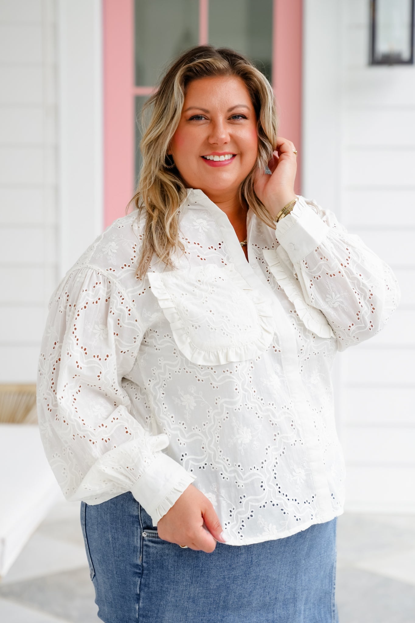 Eyelet Long Sleeve Button Down Top with Ruffle Detail