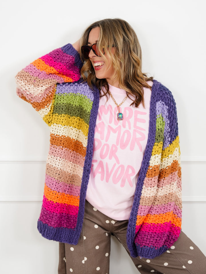 Rainbow Crochet Long Sleeve Open Front Cardigan