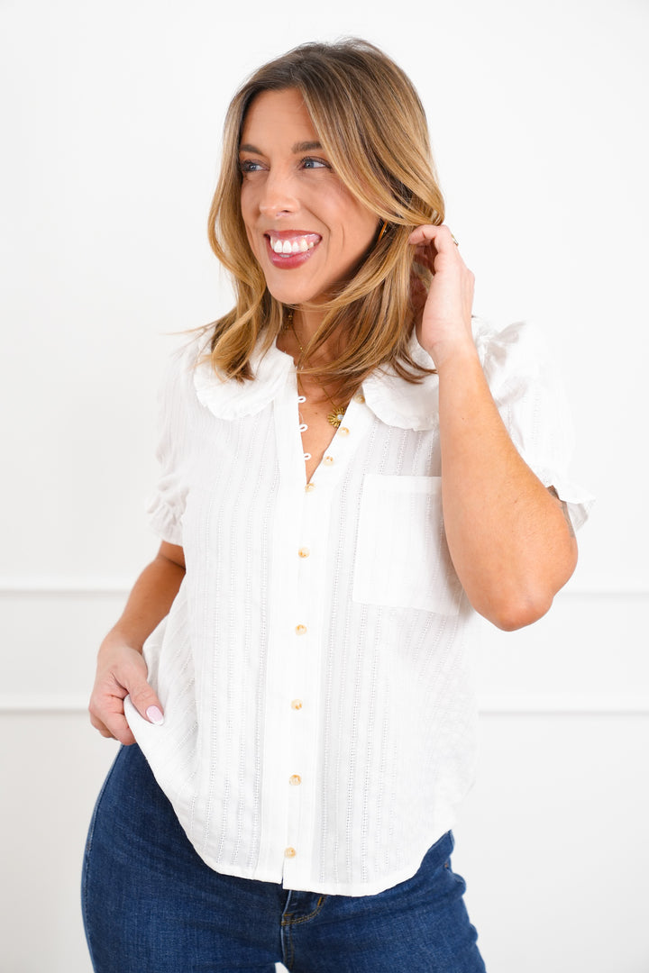 Short Sleeve Button Down Top with Puff Sleeves