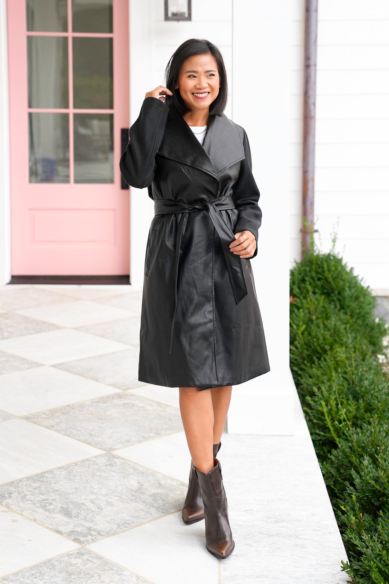 Vegan Leather Long Sleeve Belted Coat