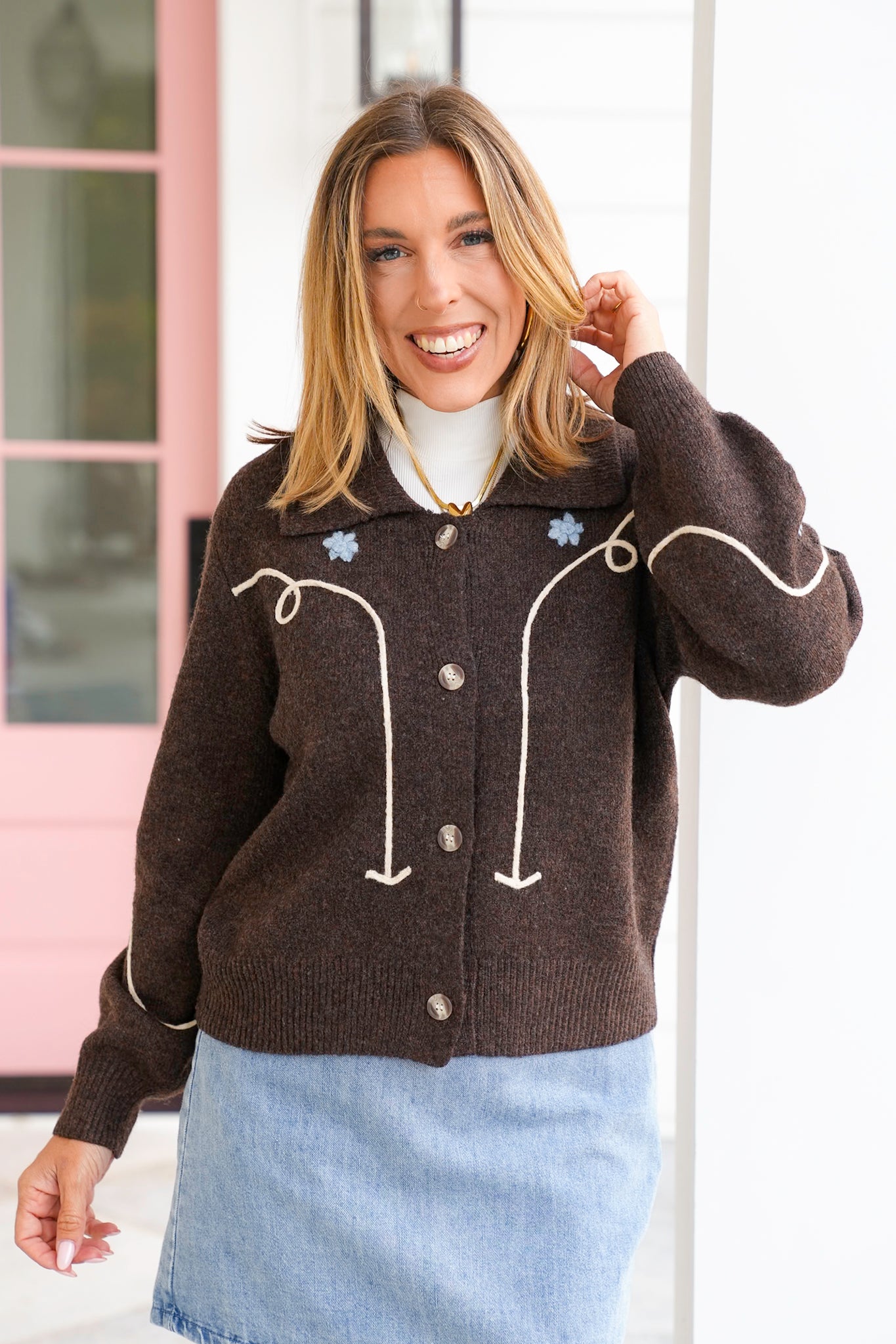 Plus/Reg Long Sleeve Button Down Cardigan with Embroidered Flowers