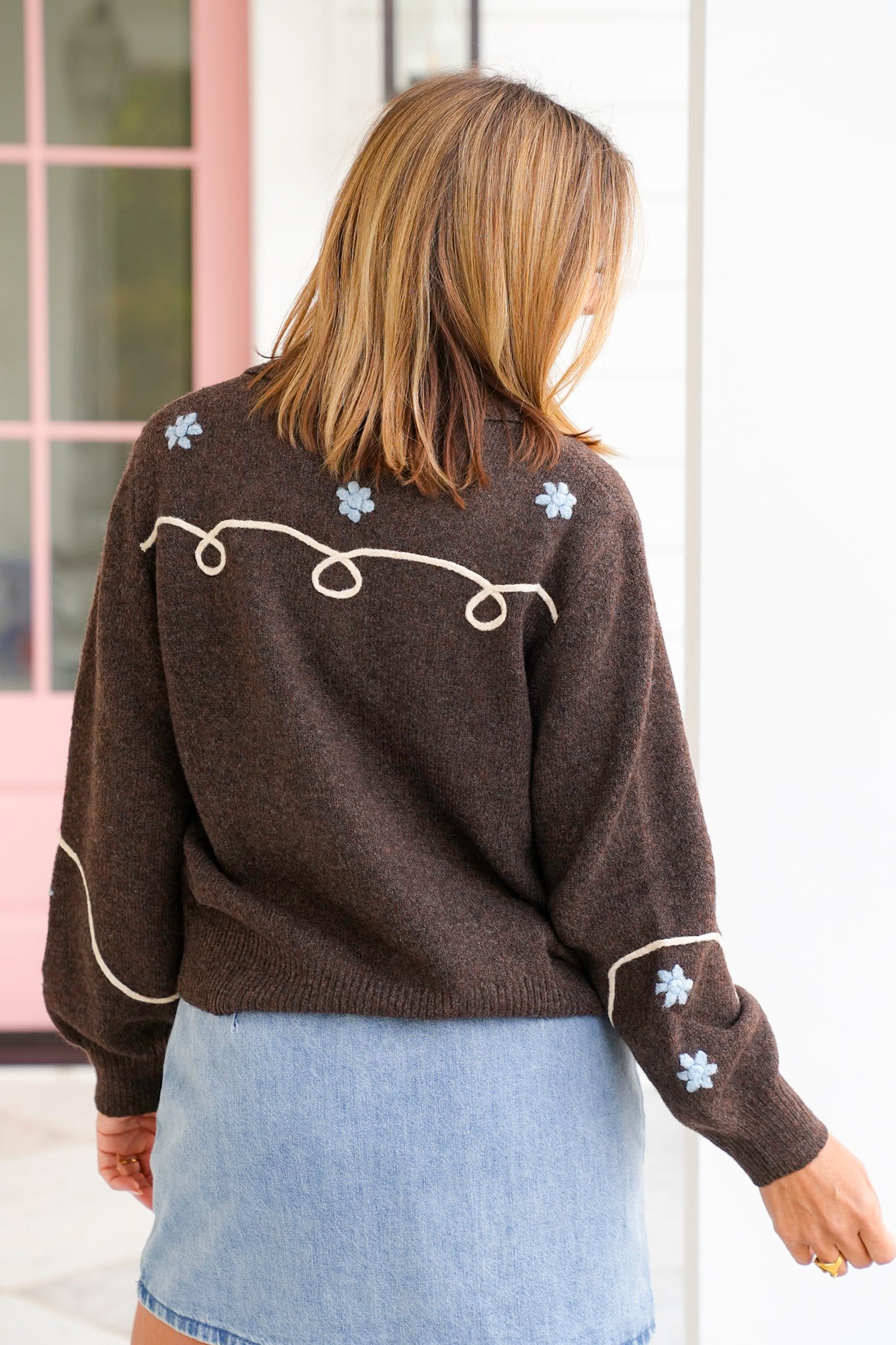 Plus/Reg Long Sleeve Button Down Cardigan with Embroidered Flowers
