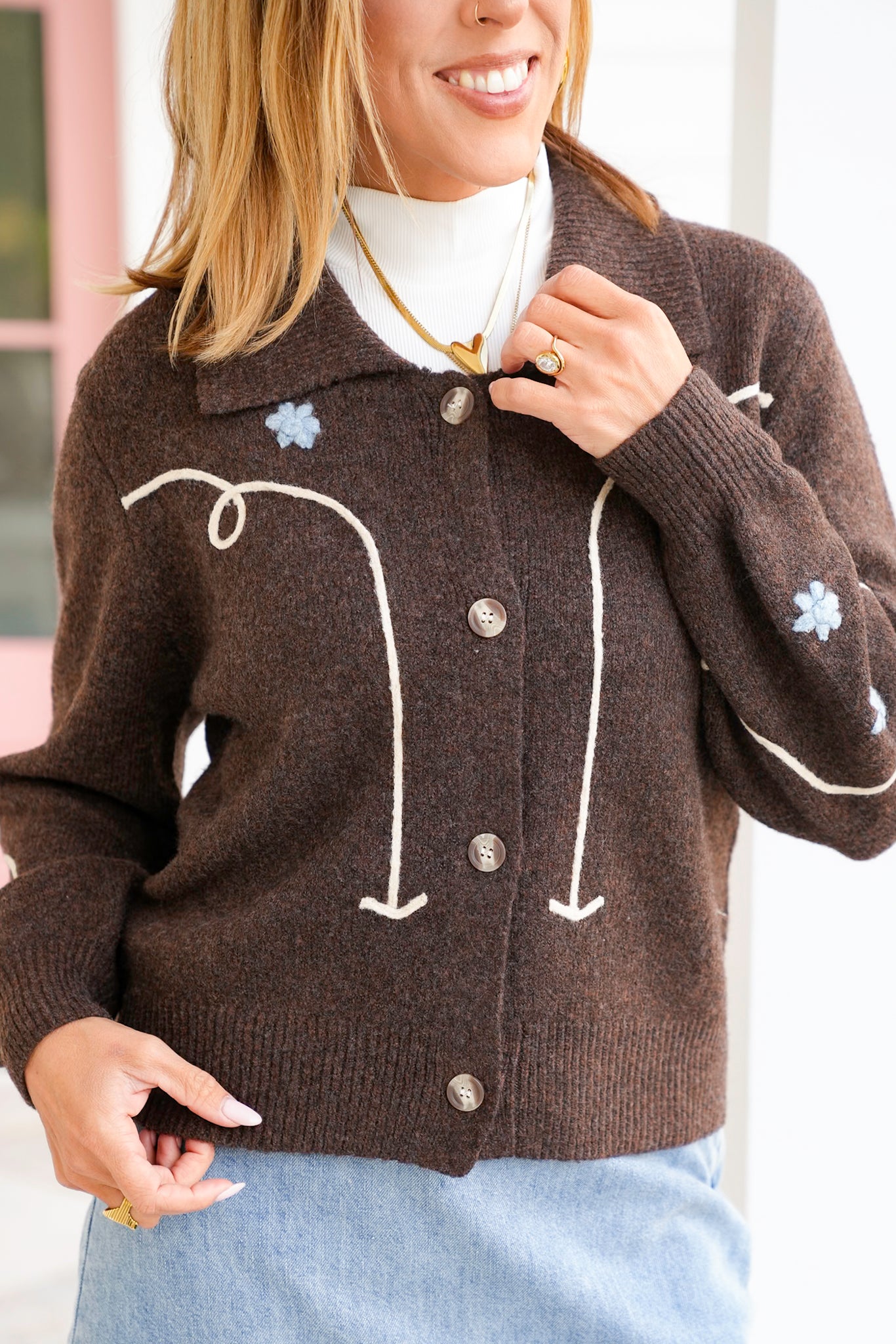 Plus/Reg Long Sleeve Button Down Cardigan with Embroidered Flowers