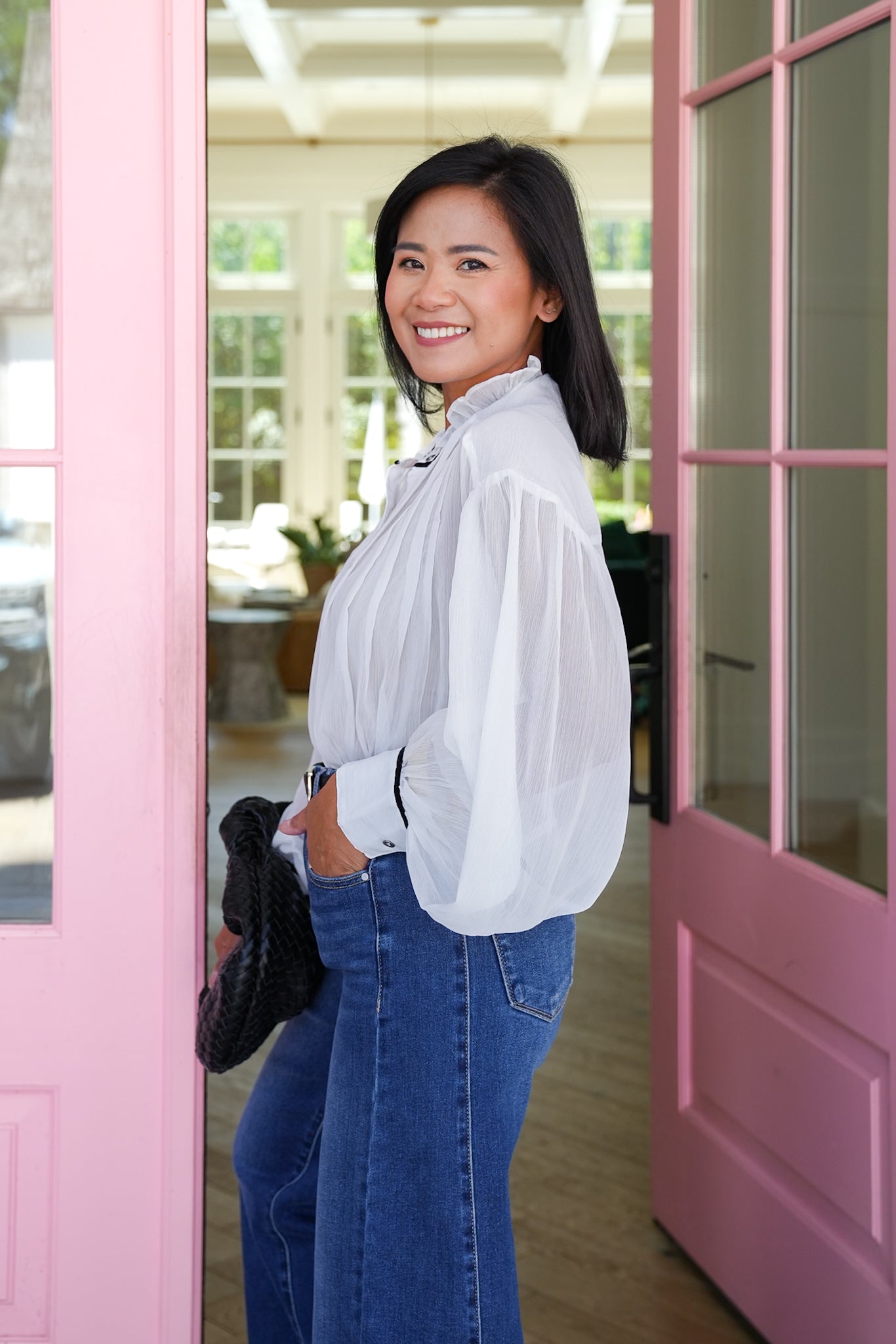 Plus/Reg Sheer Long Sleeve Button Down Pleated Top