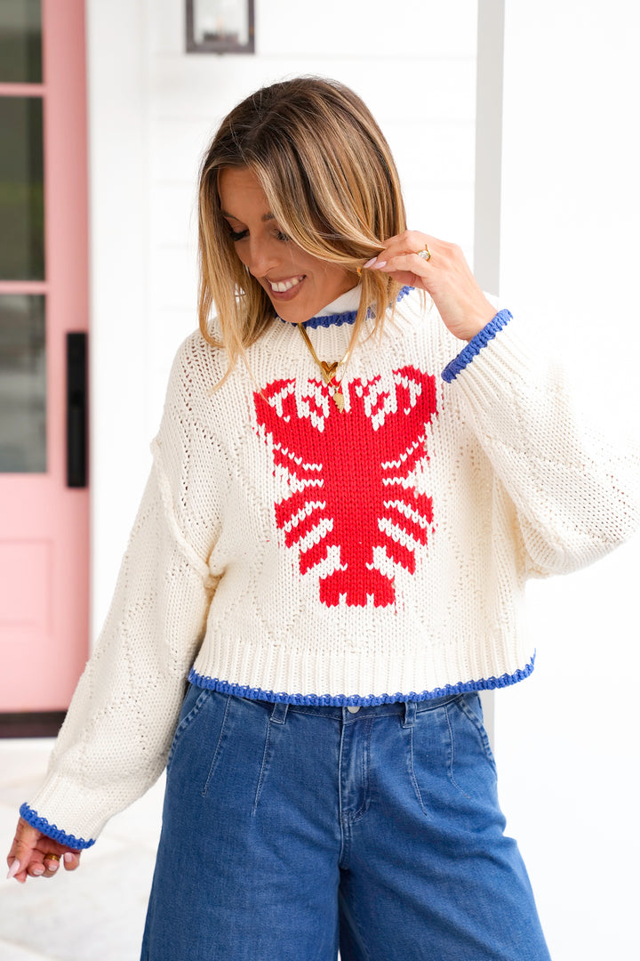 Lobster Knit Long Sleeve Cropped Pullover Sweater