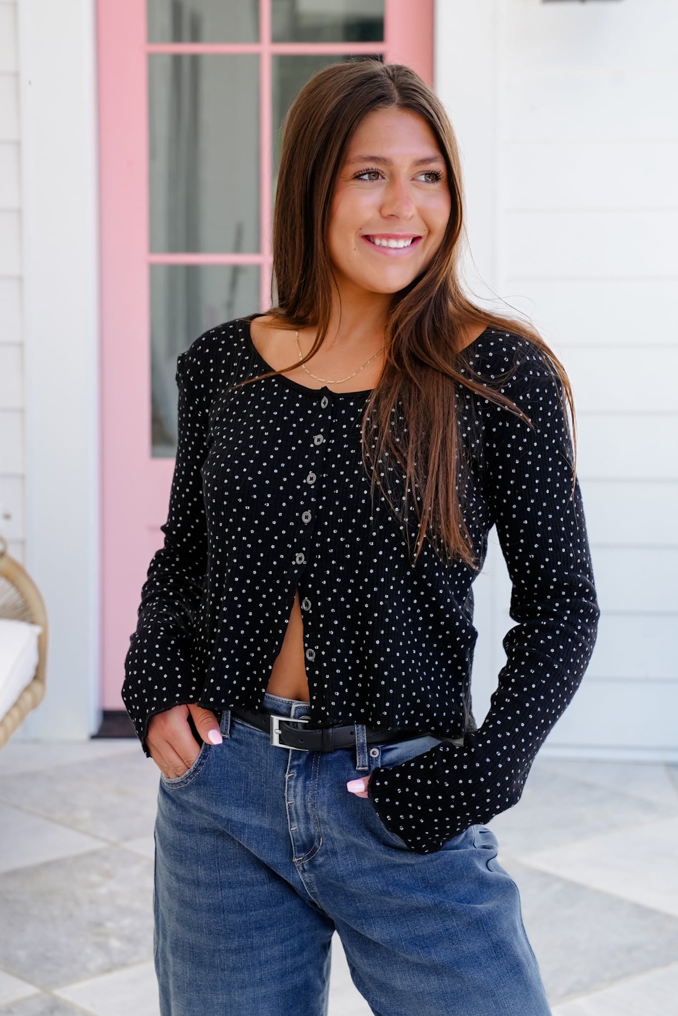 POL Floral Print Long Sleeve Fitted Button Down Cardigan