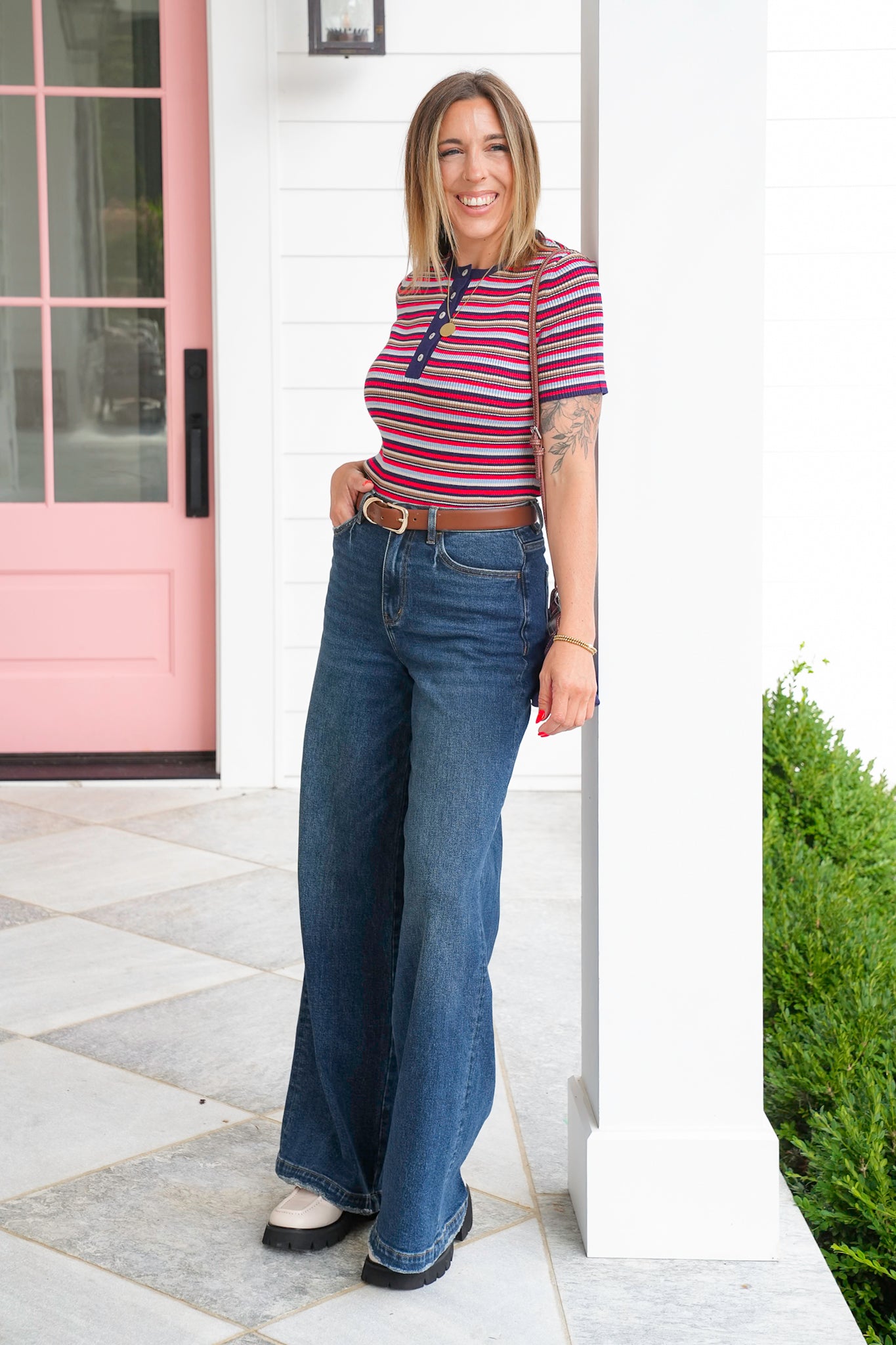 Multi Striped Button Up Short Sleeve Top