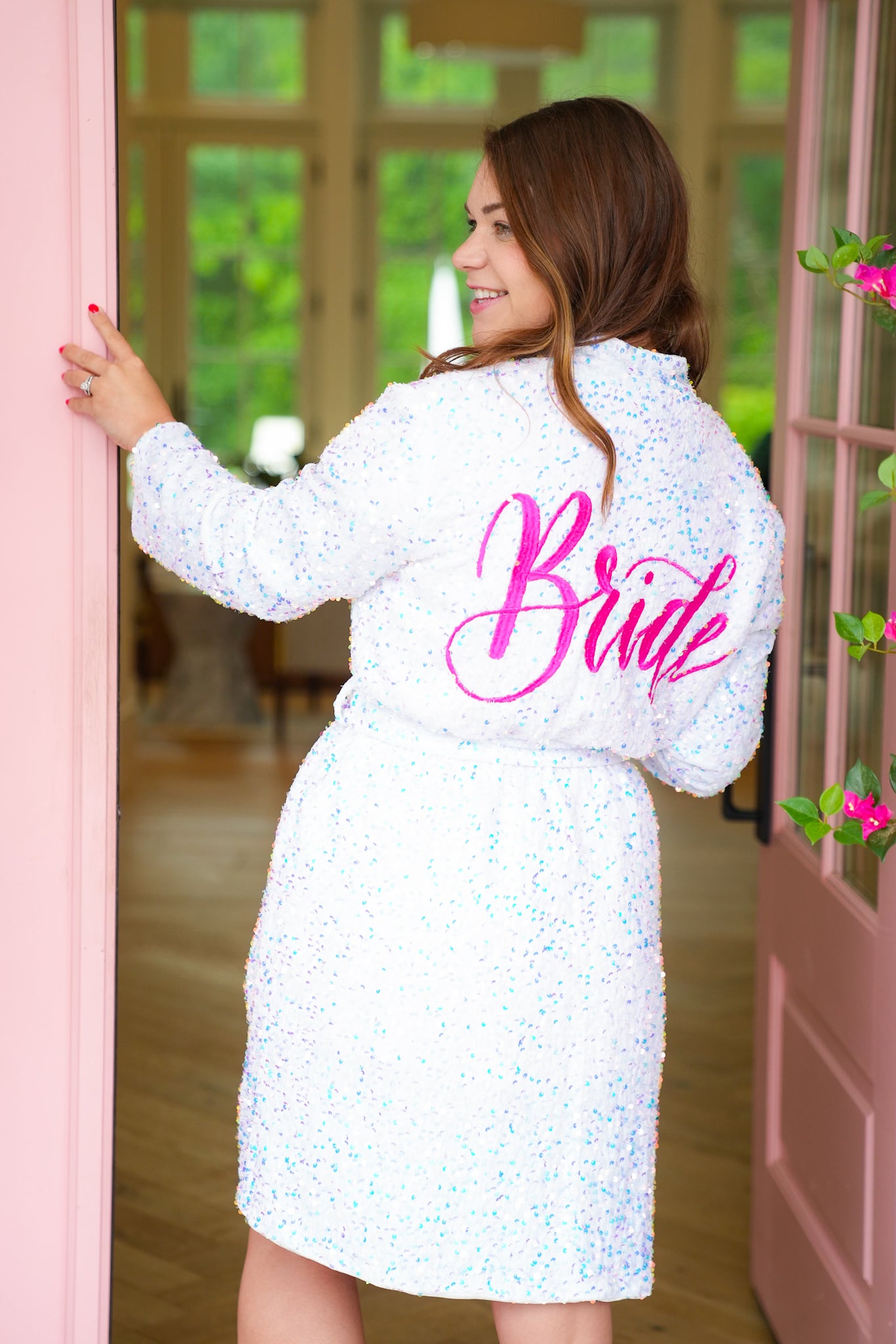 Plus/Reg Iridescent Sequins Bride Long Sleeve Belted Robe
