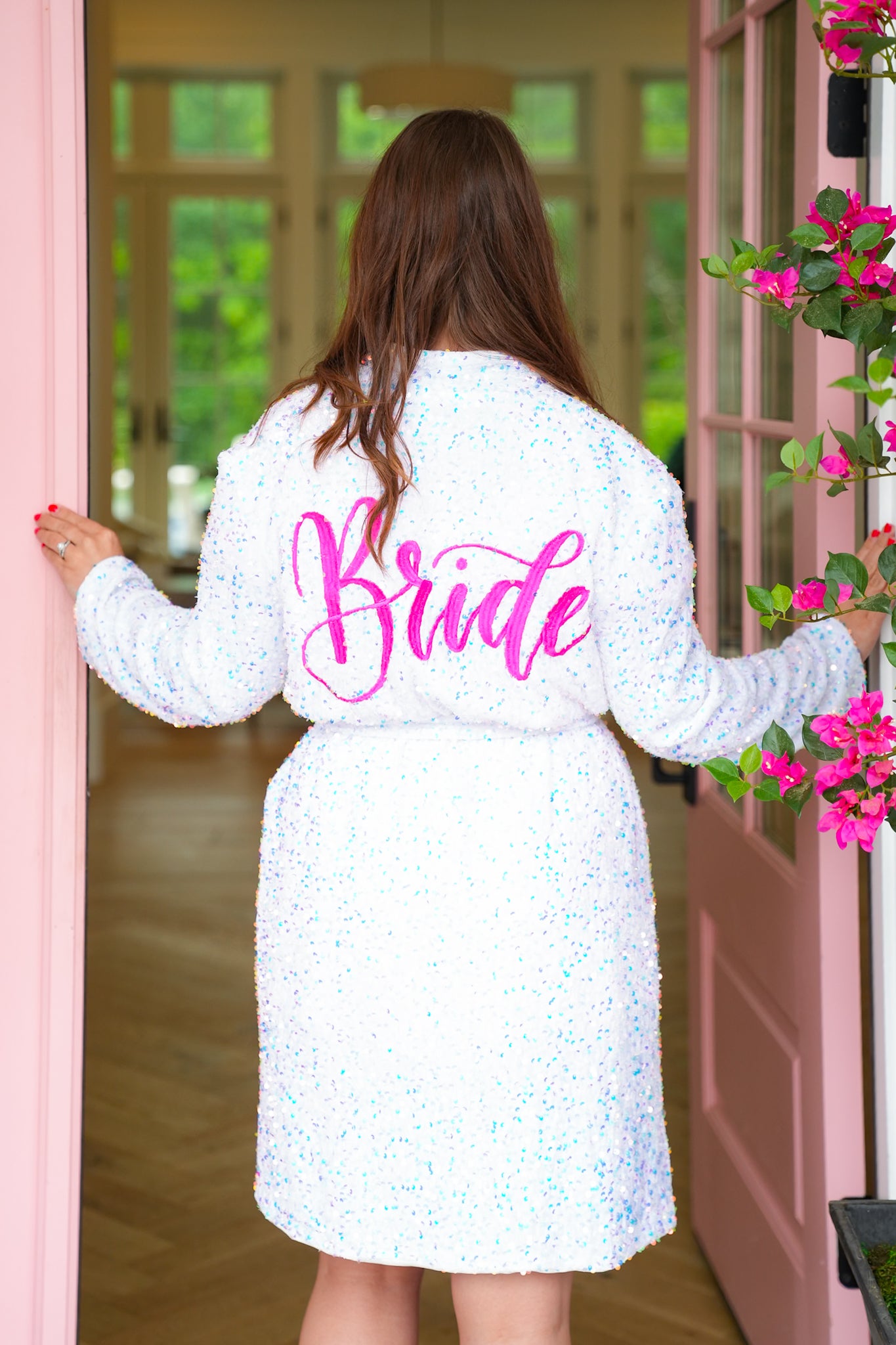 Plus/Reg Iridescent Sequins Bride Long Sleeve Belted Robe