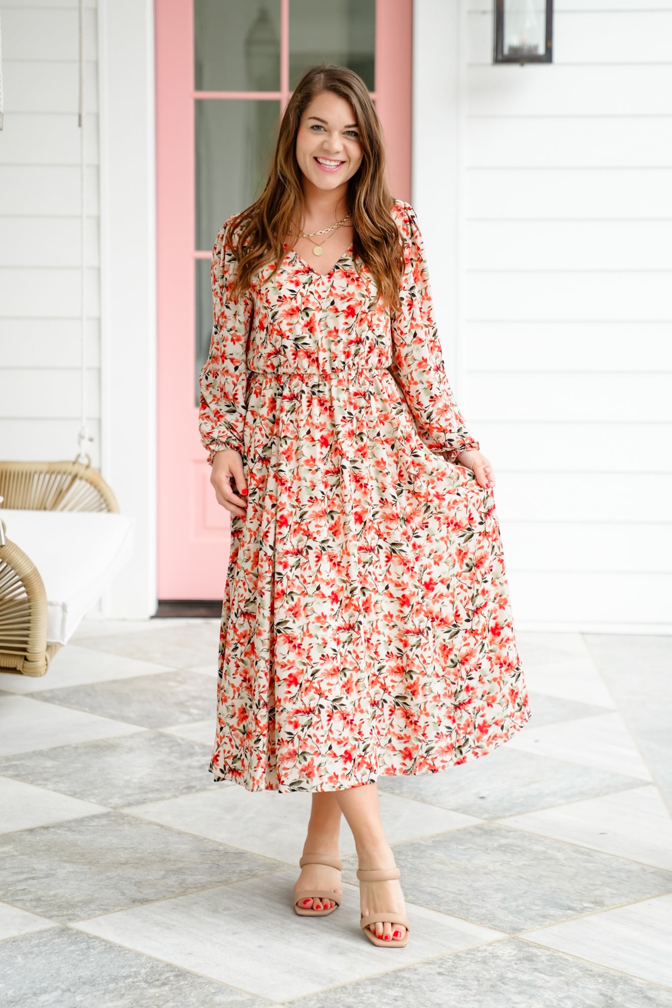 Plus/Reg Floral Long Sleeve V Neck Elastic Waist Midi Dress