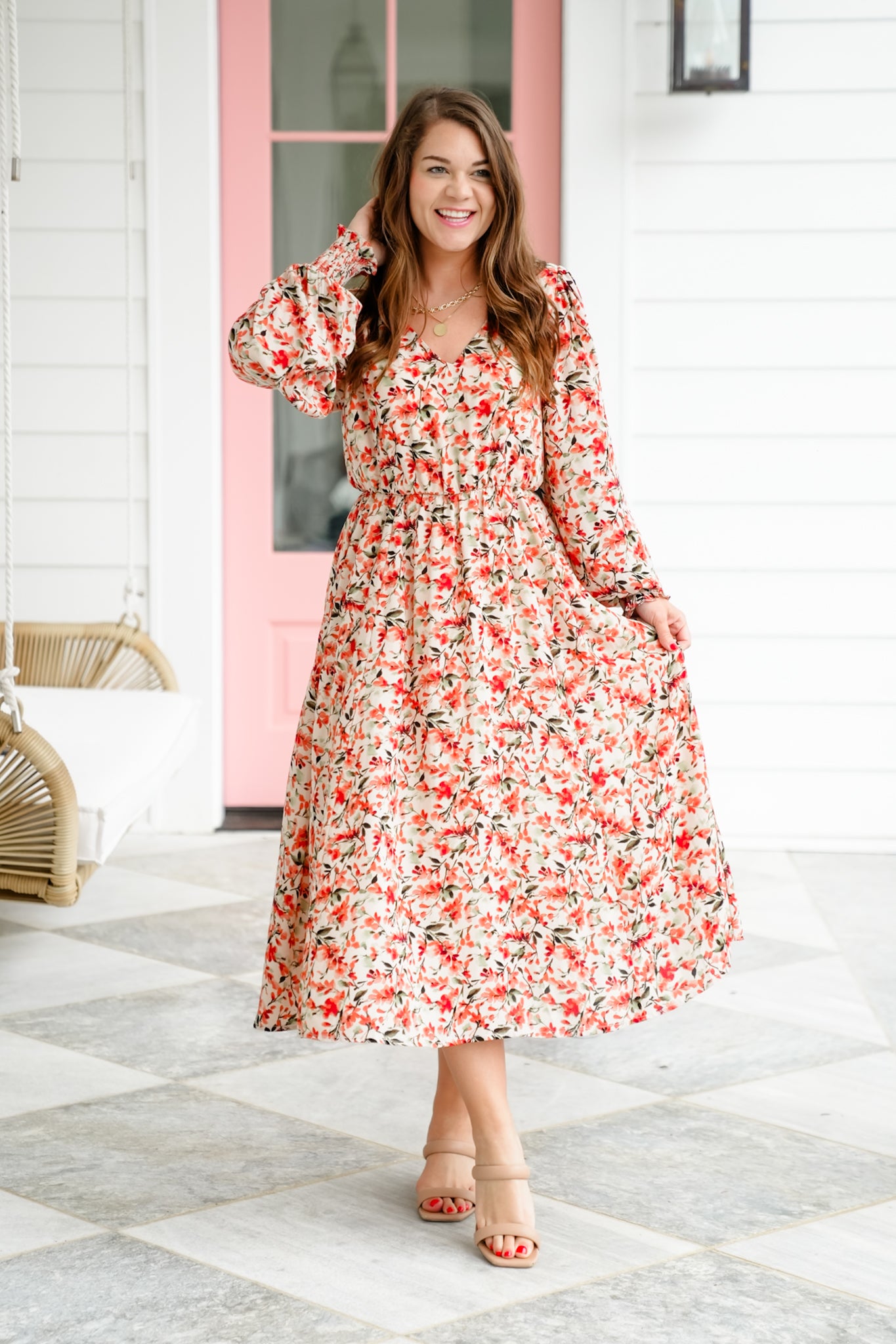 Plus/Reg Floral Long Sleeve V Neck Elastic Waist Midi Dress
