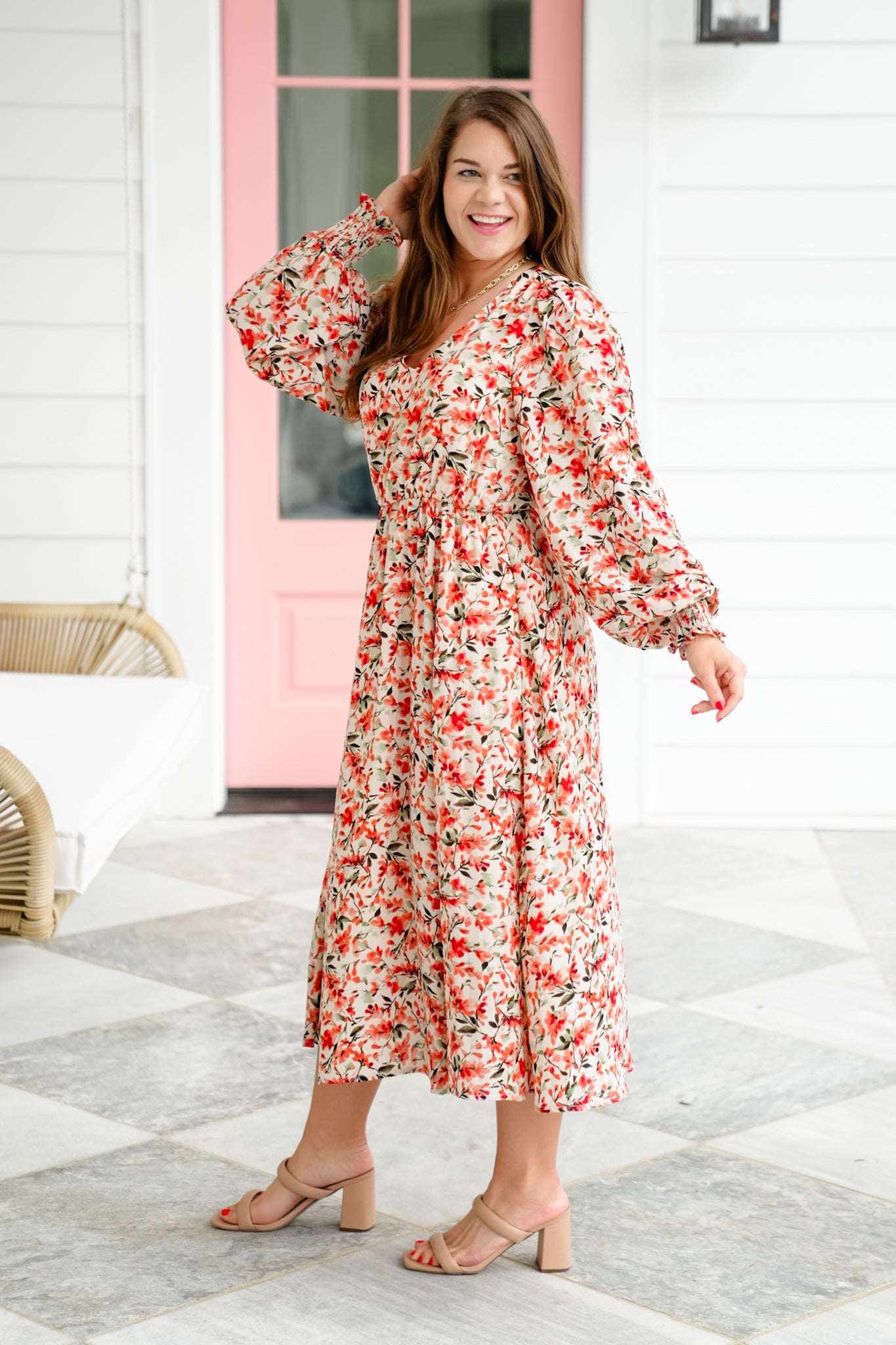 Plus/Reg Floral Long Sleeve V Neck Elastic Waist Midi Dress