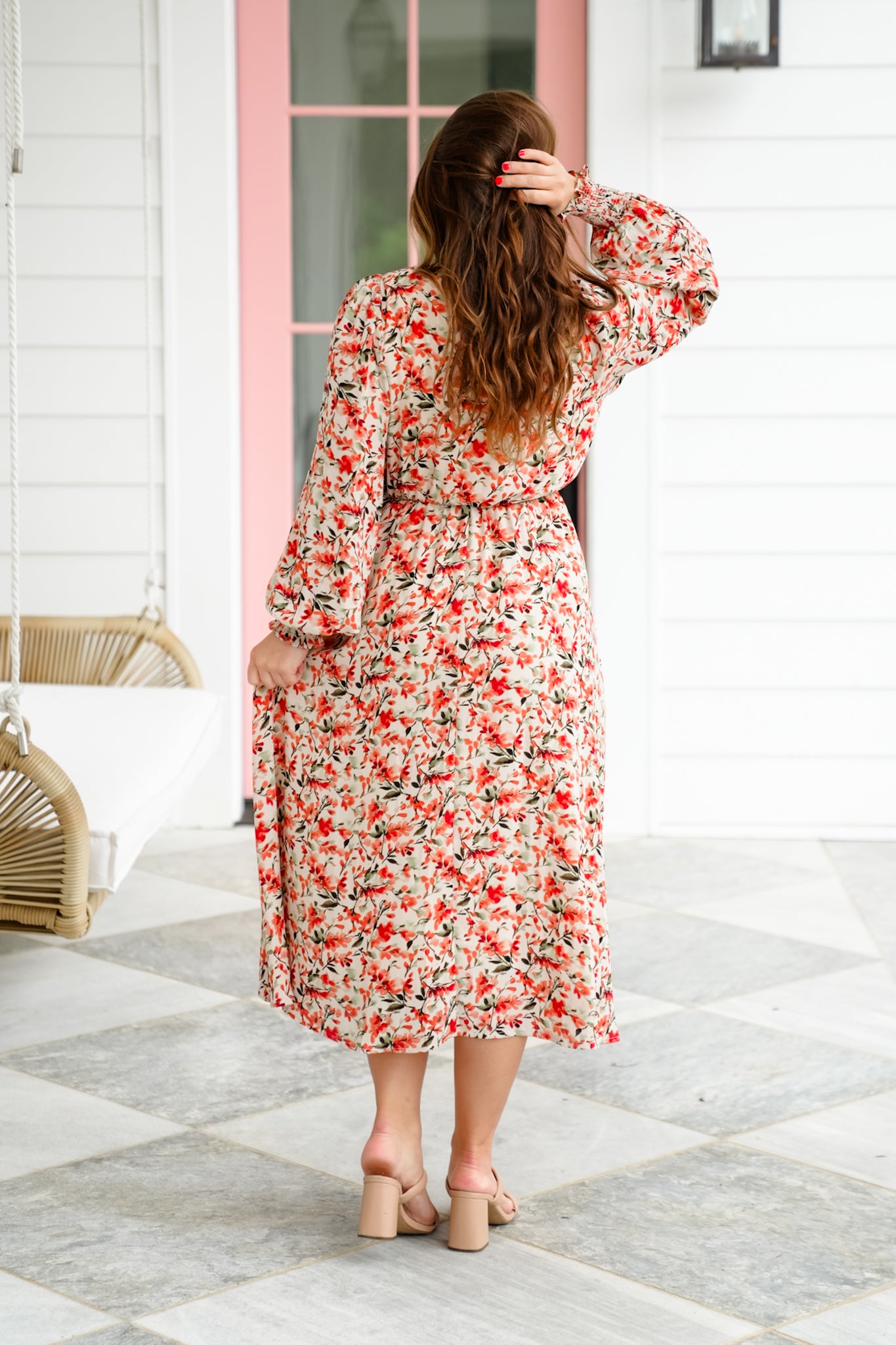 Plus/Reg Floral Long Sleeve V Neck Elastic Waist Midi Dress