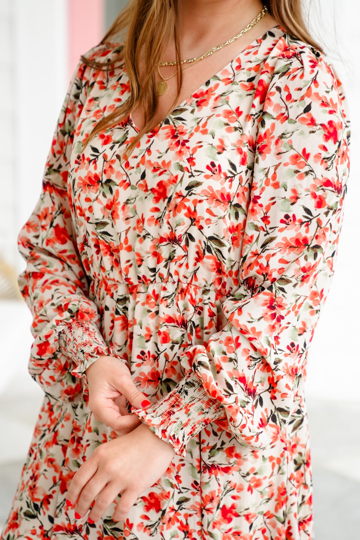 Plus/Reg Floral Long Sleeve V Neck Elastic Waist Midi Dress