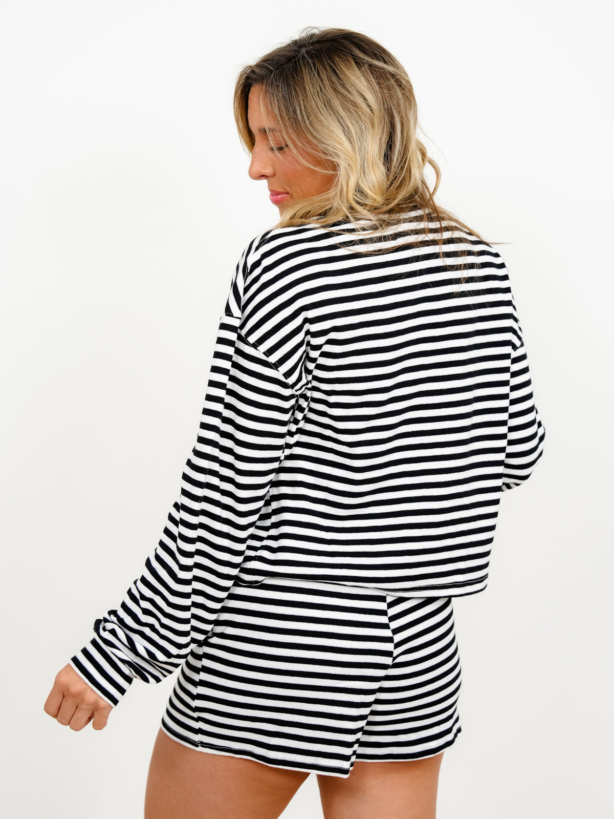 Plus/Reg Stripe Long Sleeve Top and Shorts with Ghost Patch Lounge Set