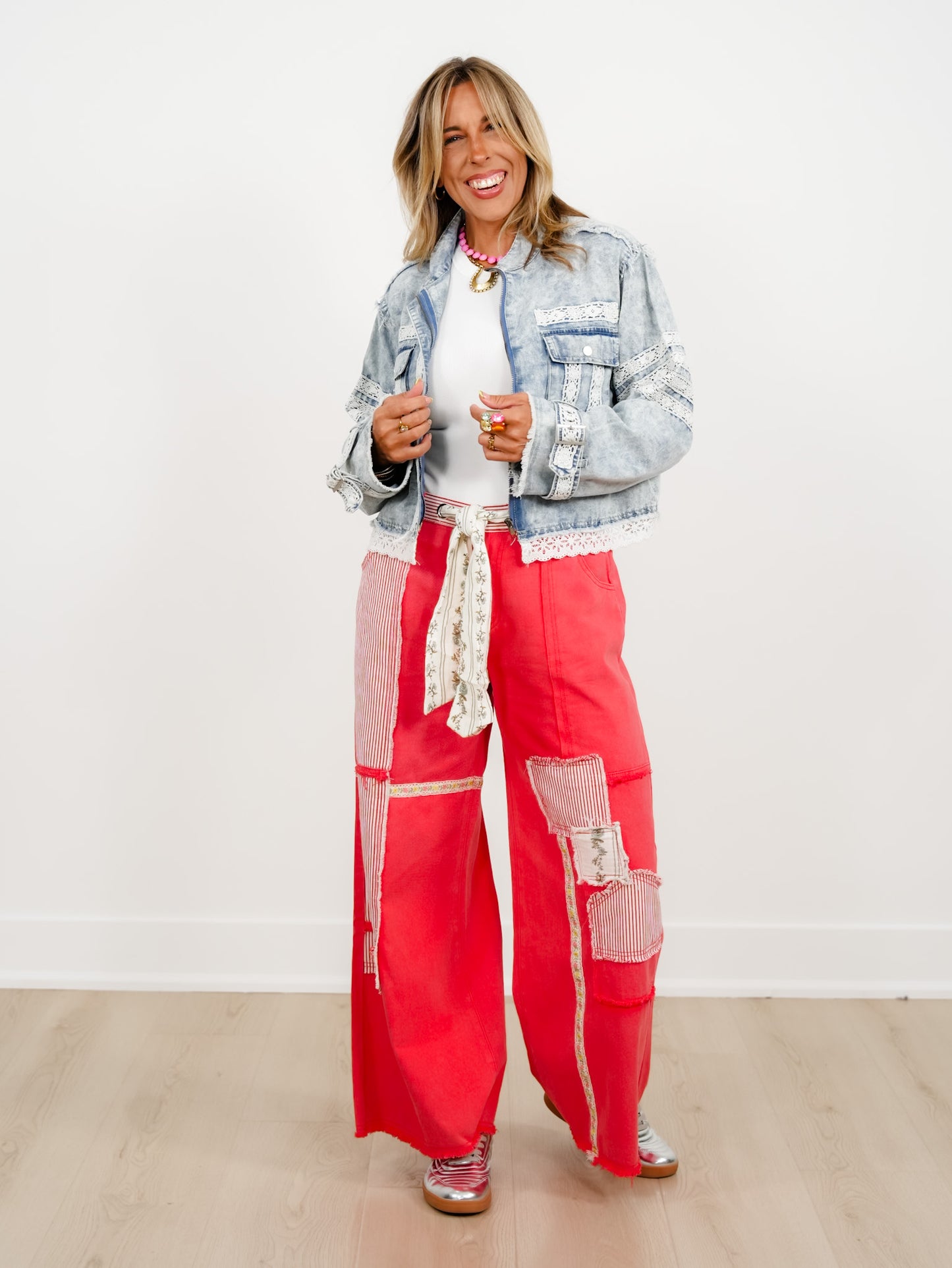 POL Red Patchwork High Waist Wide Leg Pants