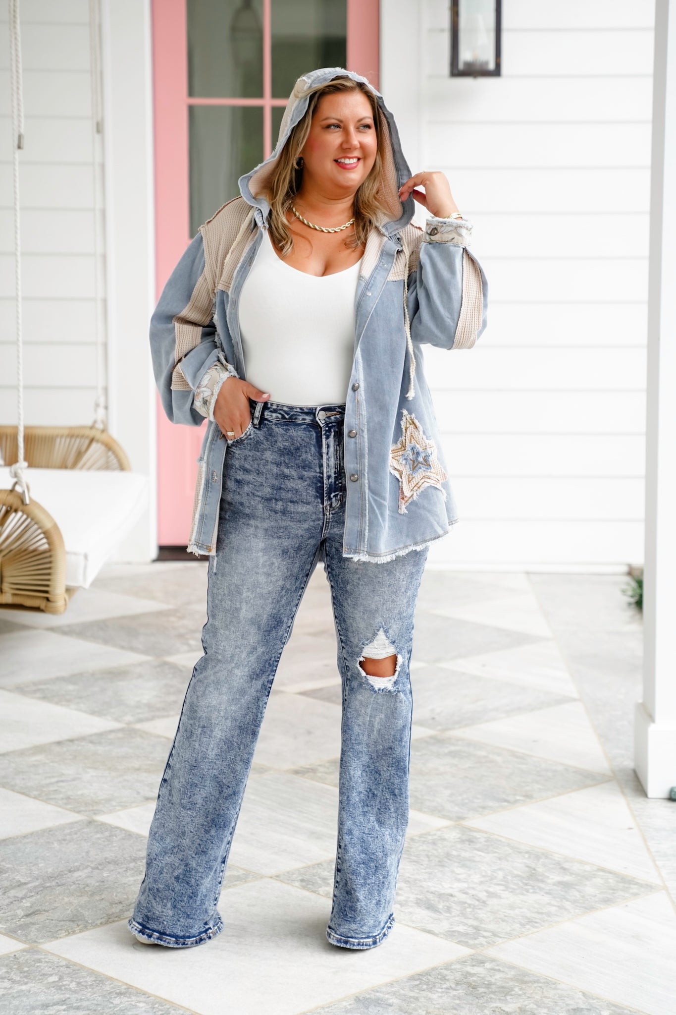 POL Button Down Hooded Shacket with Star Patch Detail