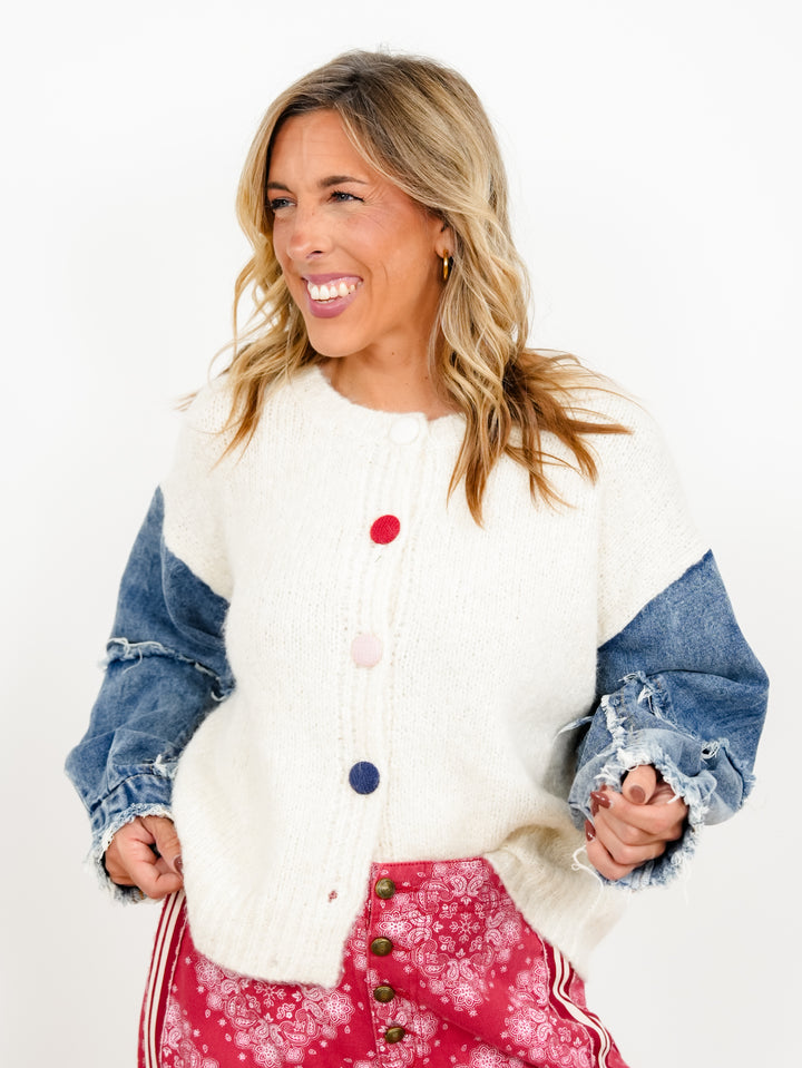 Plus/Reg Contrast Sleeve Multi Color Buttons Solid Knit Cardigan - Freckled Poppy