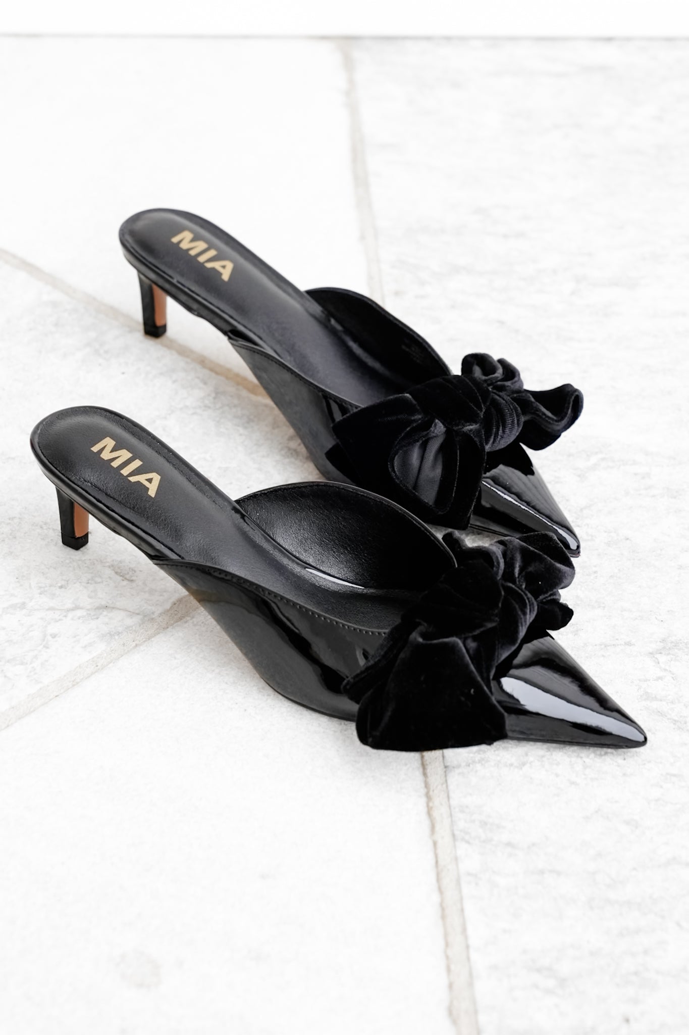 MIA Patent Vegan Leather Pointed Toe Mule with Velvet Bow