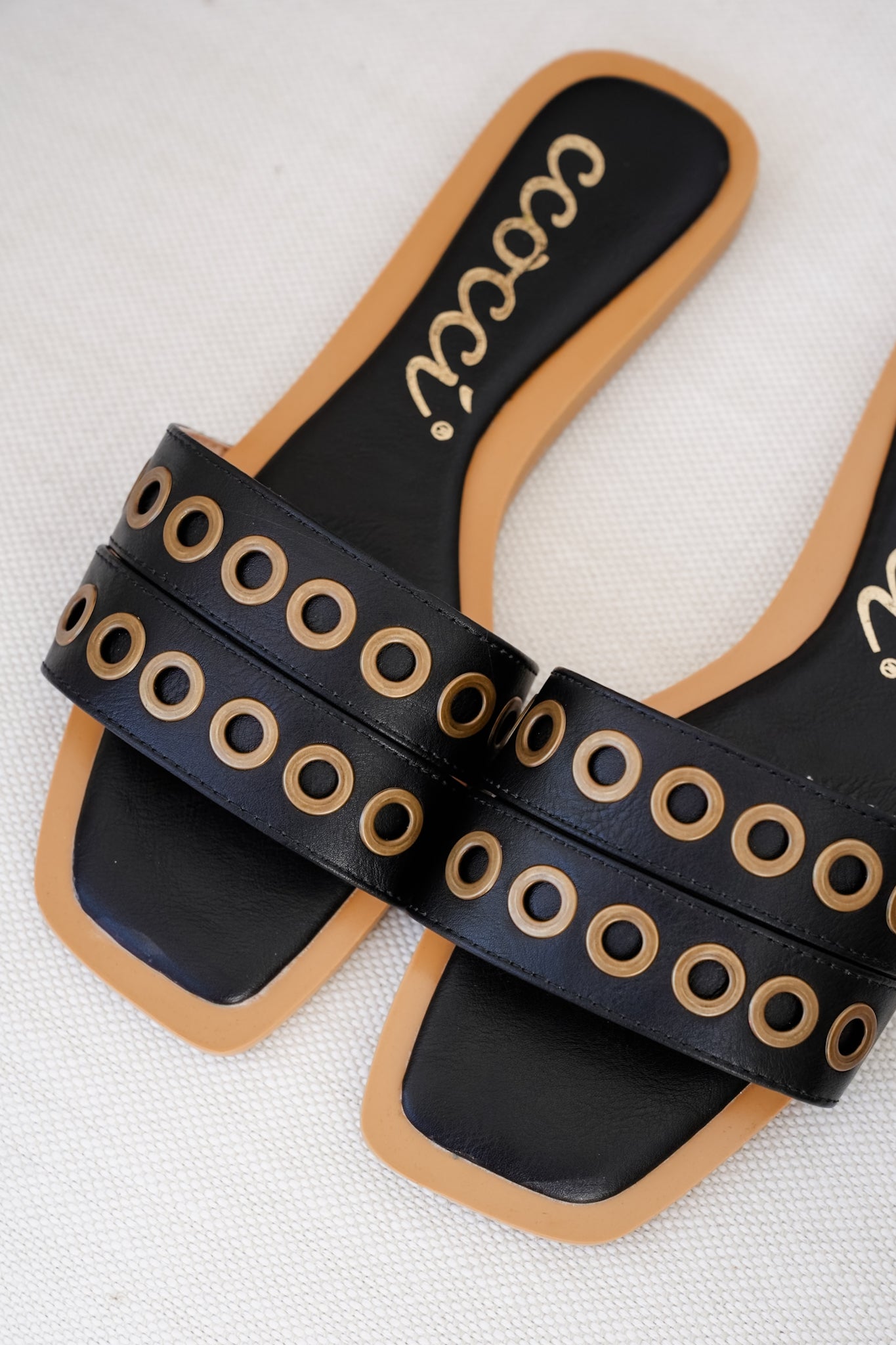 Flat Slide Sandals with Grommet Strap Detail