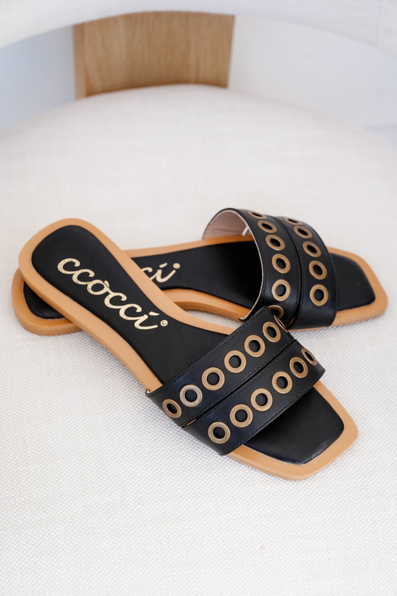 Flat Slide Sandals with Grommet Strap Detail