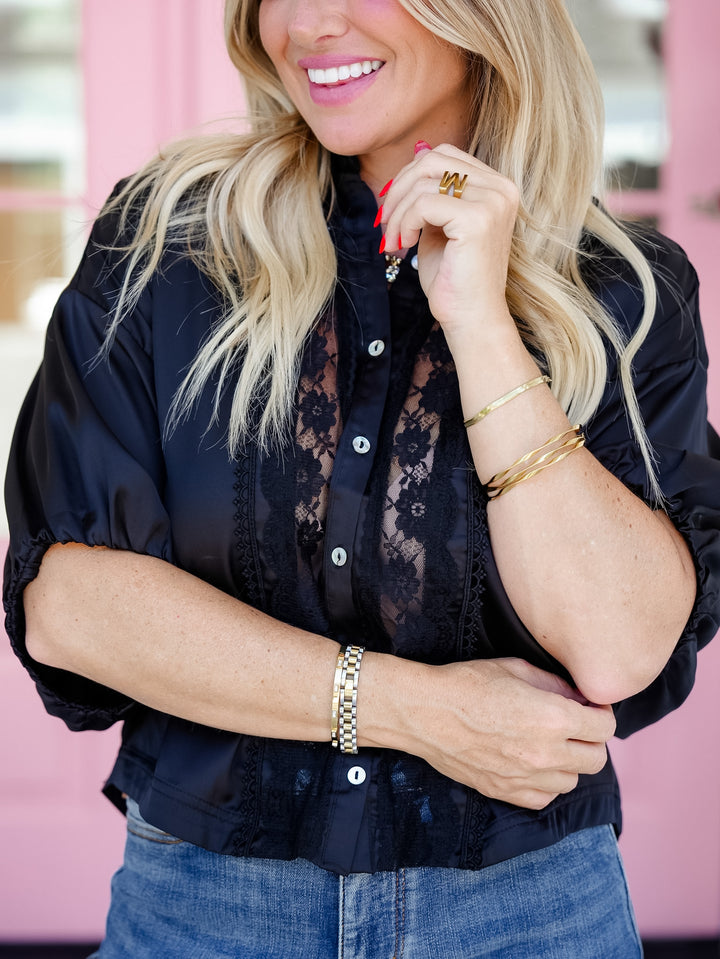Satin Short Sleeve Button Down Top with Lace Trim - Freckled Poppy