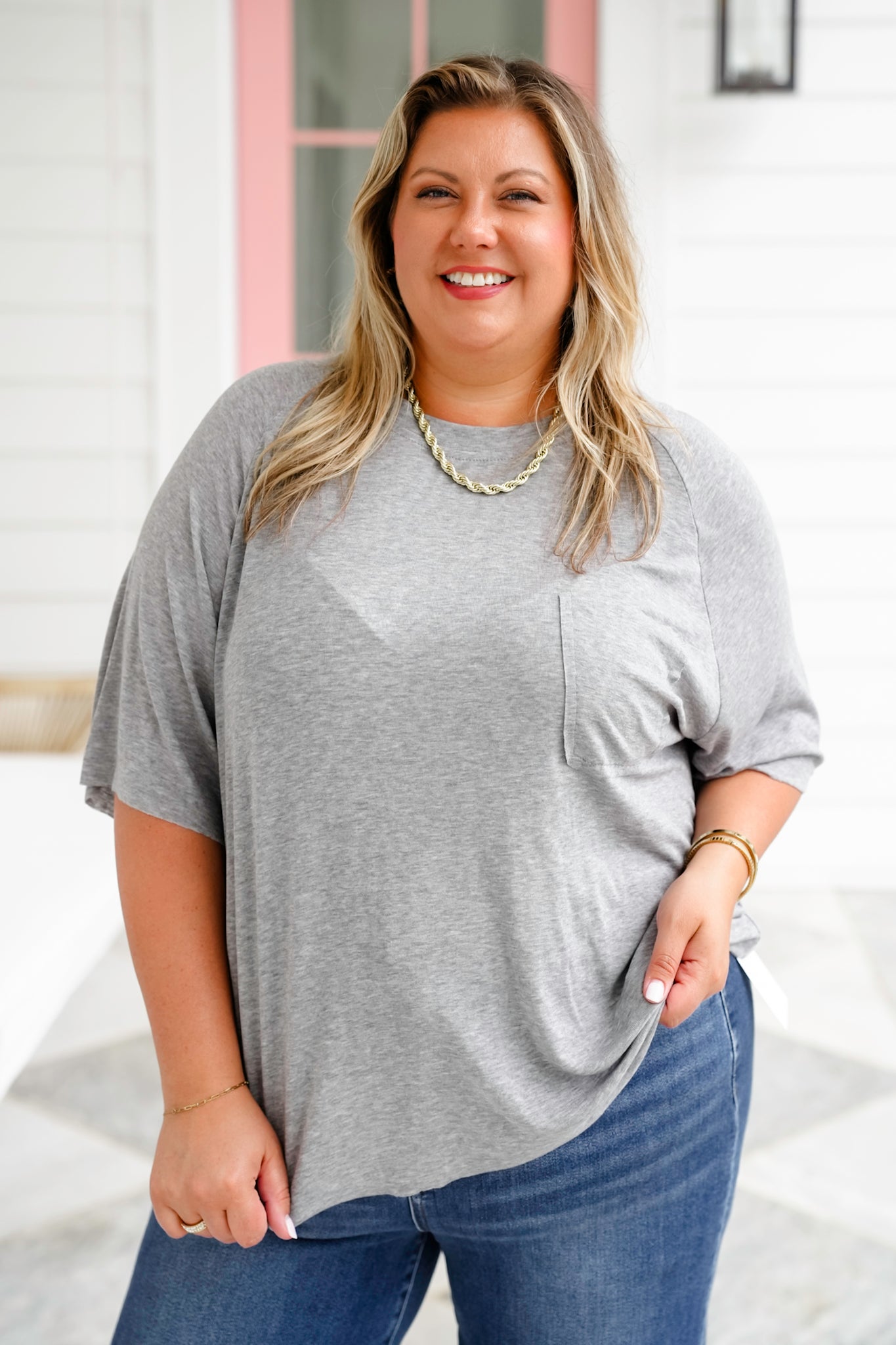 POL Solid Short Sleeve Round Neck Top with Chest Pocket Detail