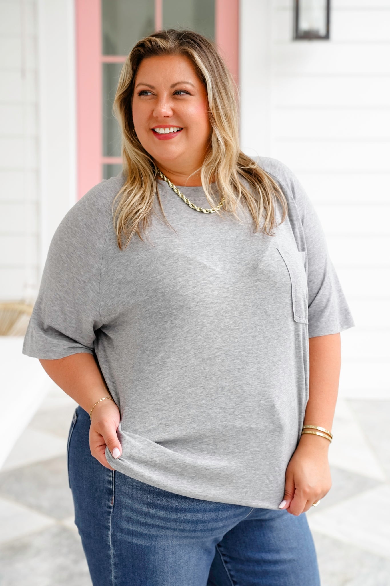 POL Solid Short Sleeve Round Neck Top with Chest Pocket Detail