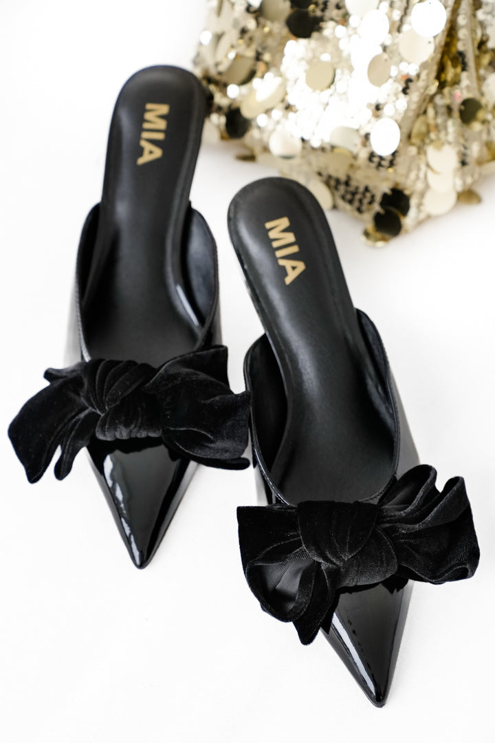MIA Patent Vegan Leather Pointed Toe Mule with Velvet Bow