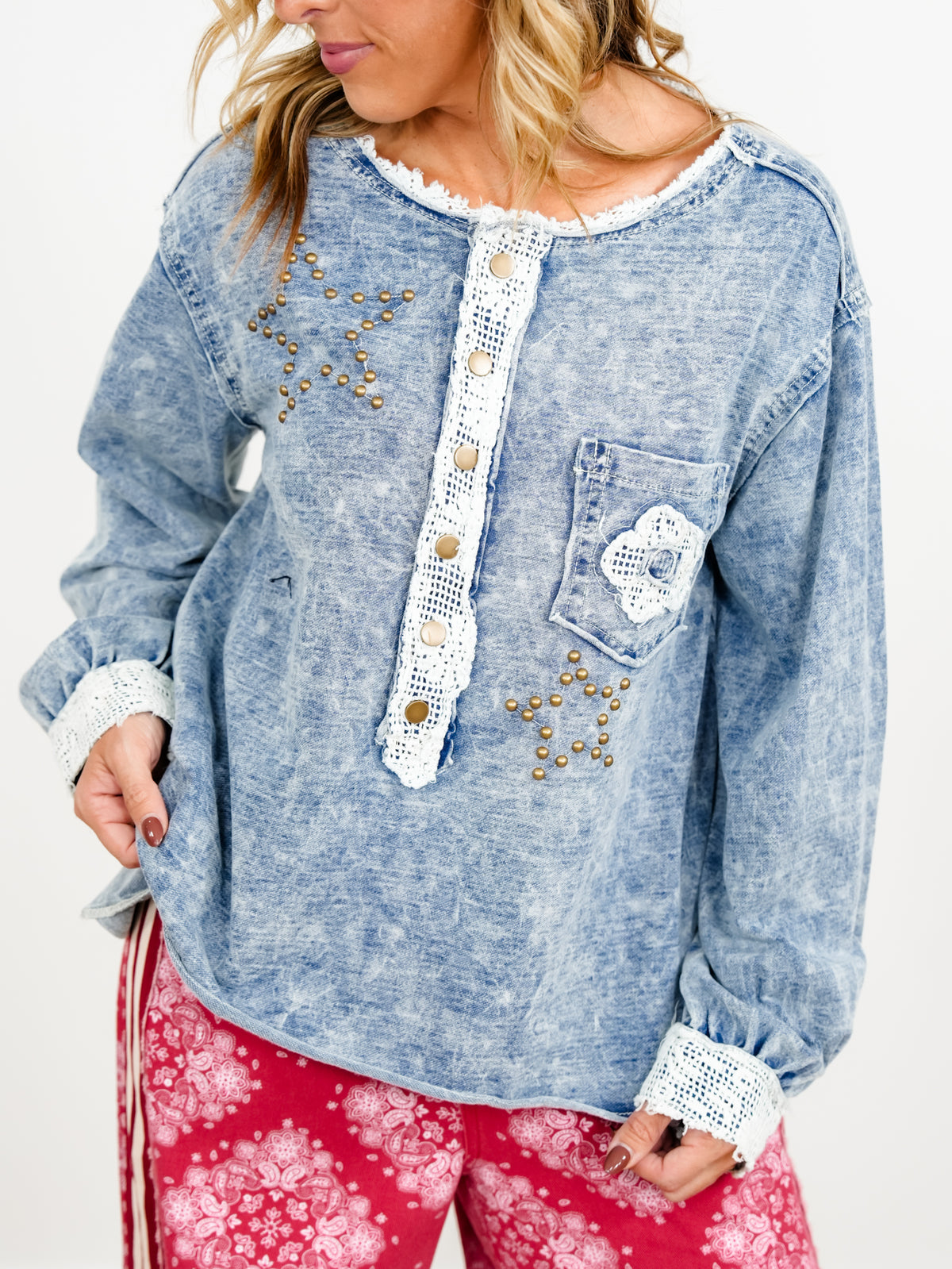 POL Mineral Wash Long Sleeve Button Up Top with Crochet Trim