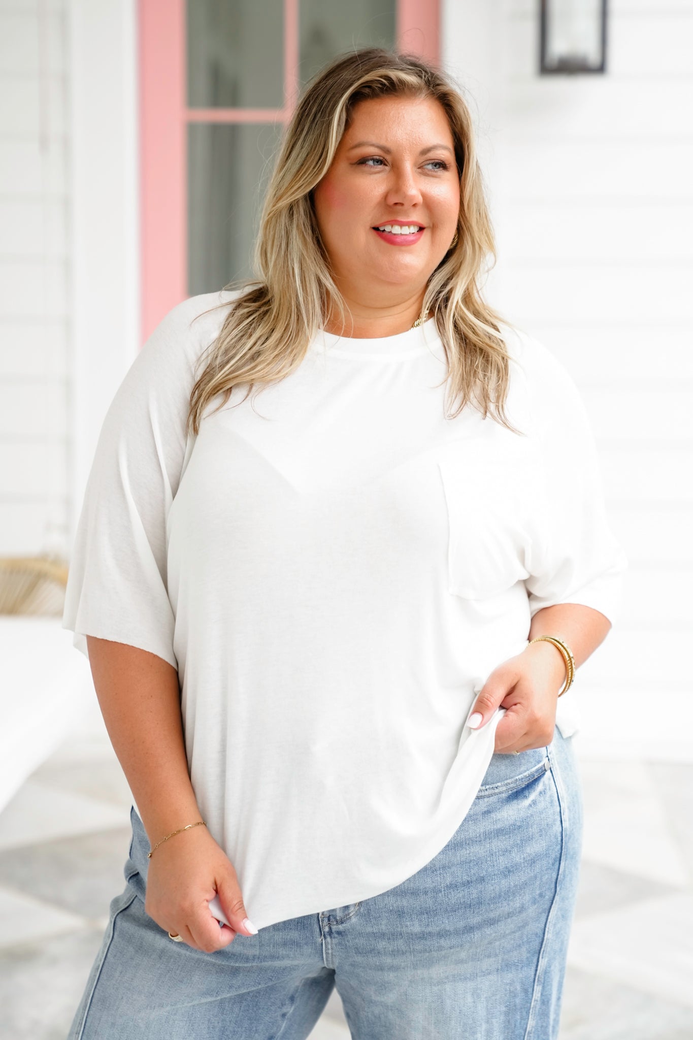 POL Solid Short Sleeve Round Neck Top with Chest Pocket Detail