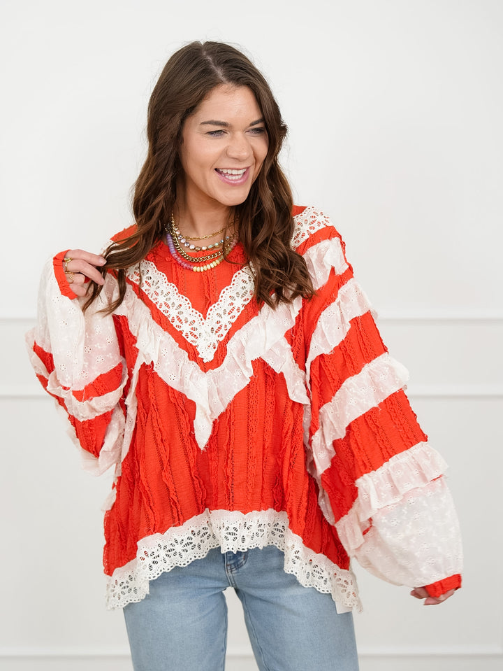 POL Long Sleeve Ruffle Top with Lace Trim
