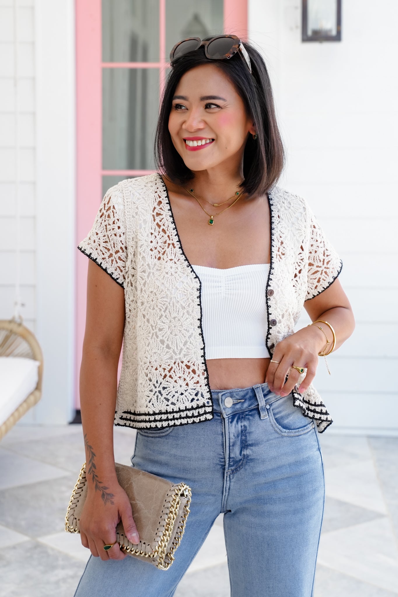 Crochet Short Sleeve V Neck Button Down Cardigan