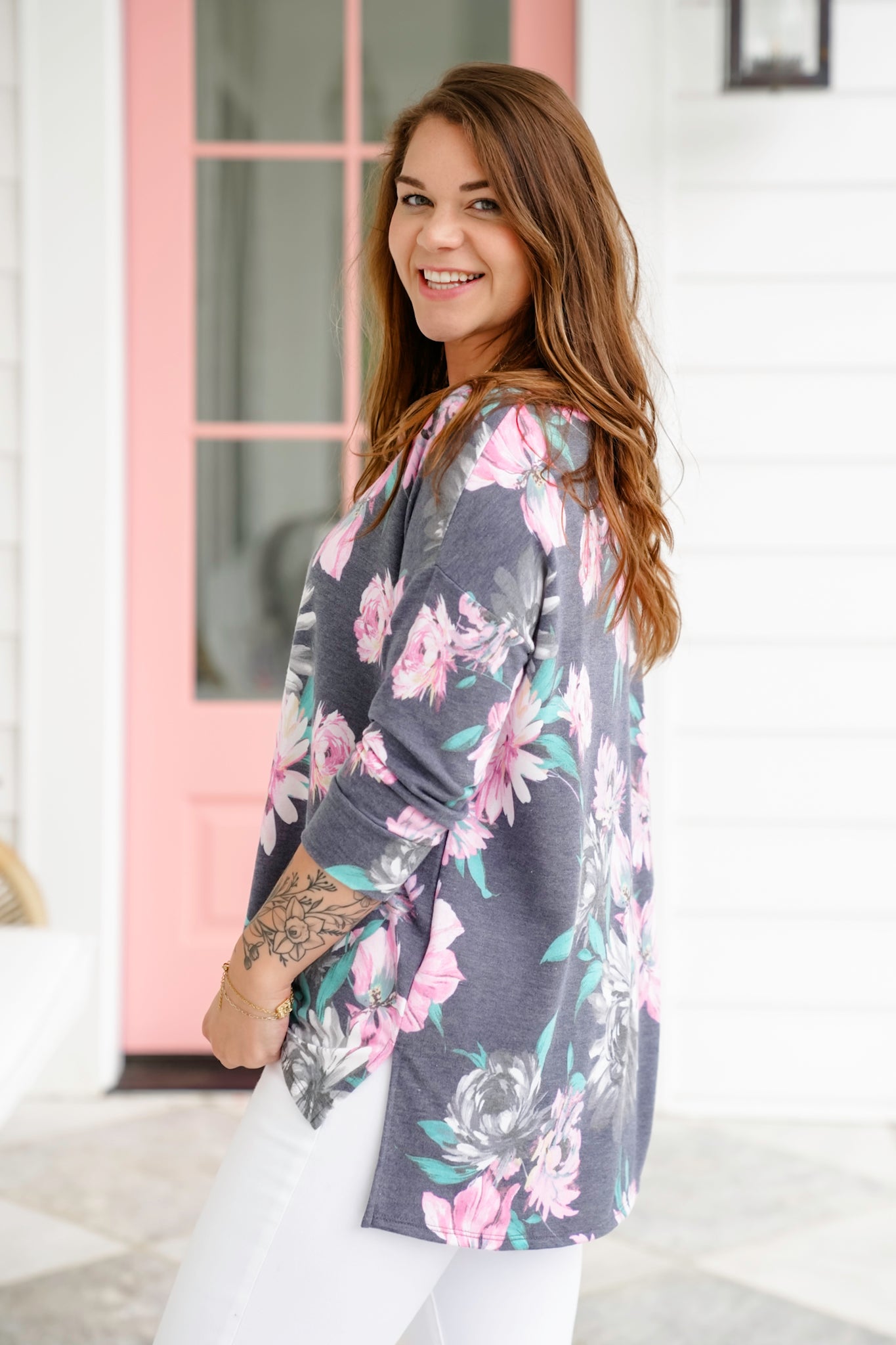 Plus/Reg Floral Print 3/4 Sleeve Round Neck Top