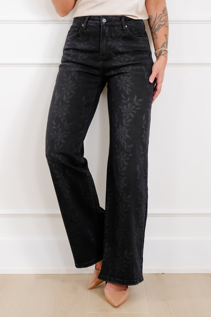 Daisy Print High Waist Wide Leg Jeans