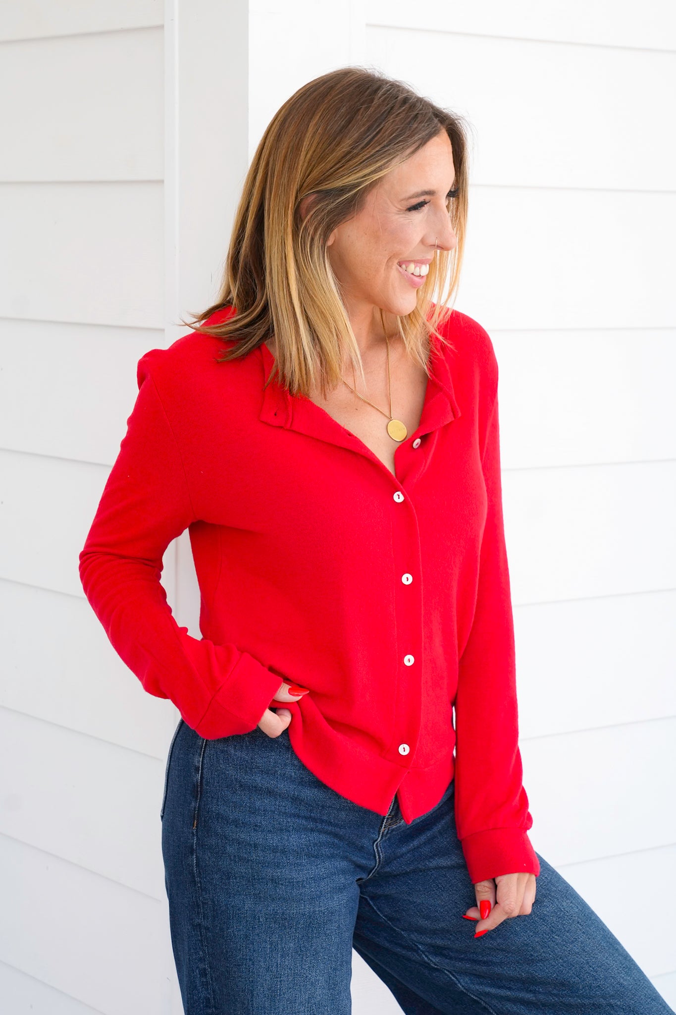 Plus/Reg Red Long Sleeve Button Up Cardigan Sweater