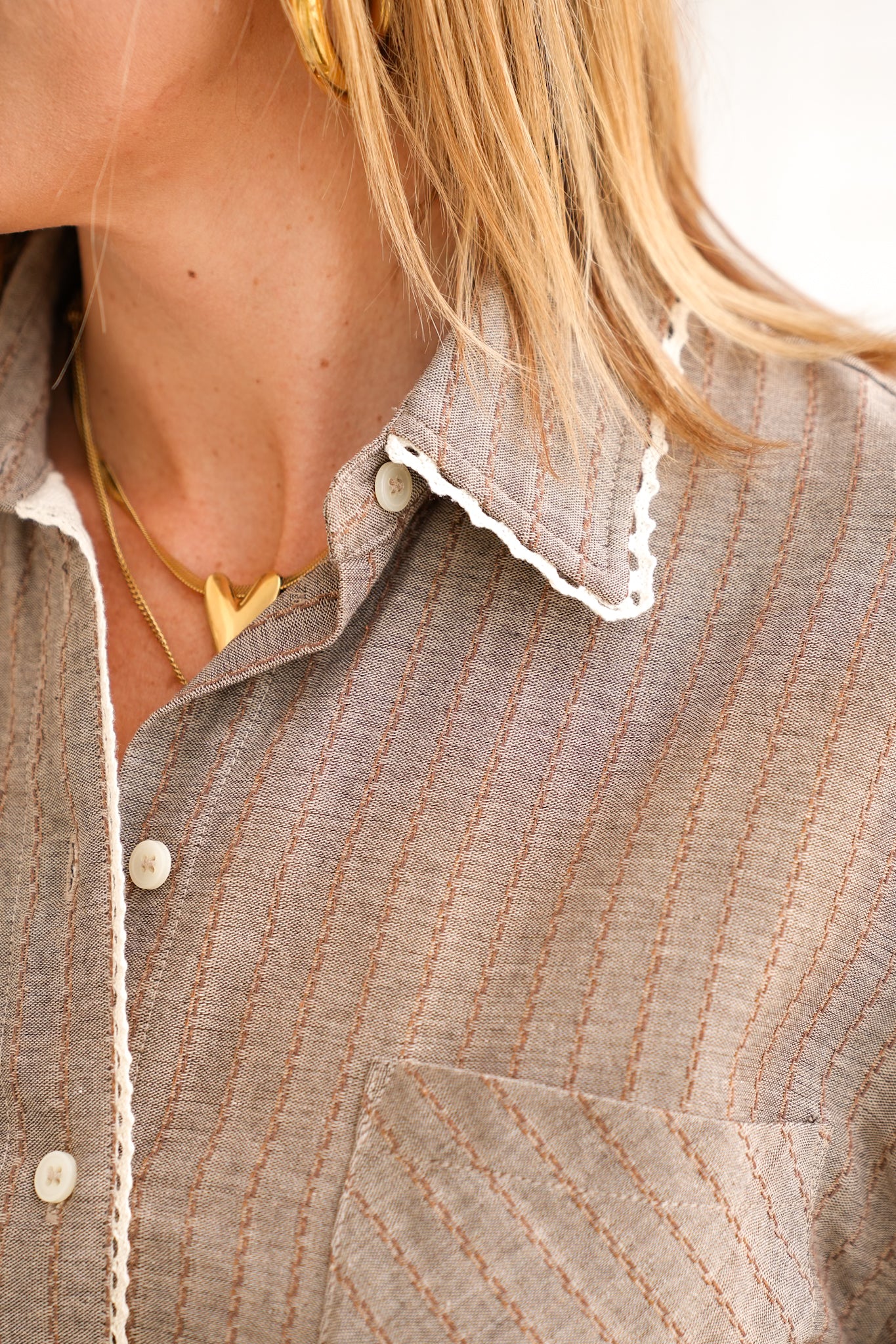 Long Sleeve Button Down Top with Lace Trim