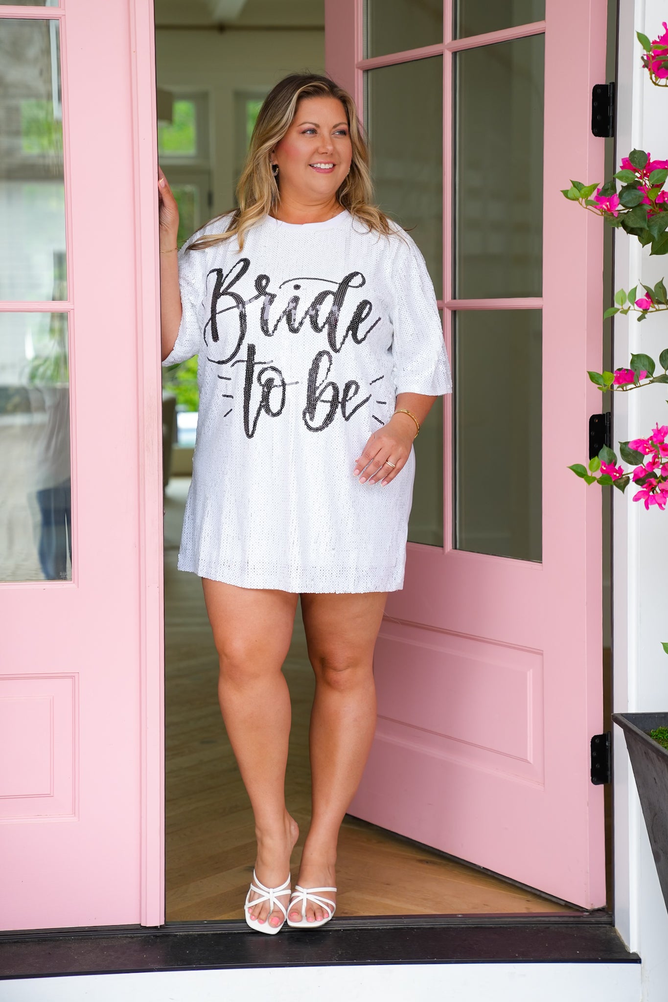PLUS White Sequins Bride to Be Short Sleeve Dress