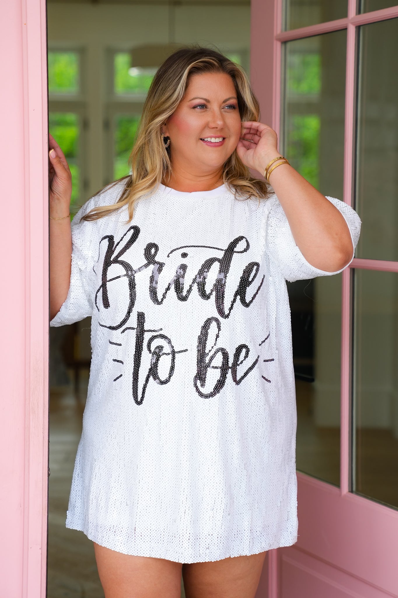 PLUS White Sequins Bride to Be Short Sleeve Dress