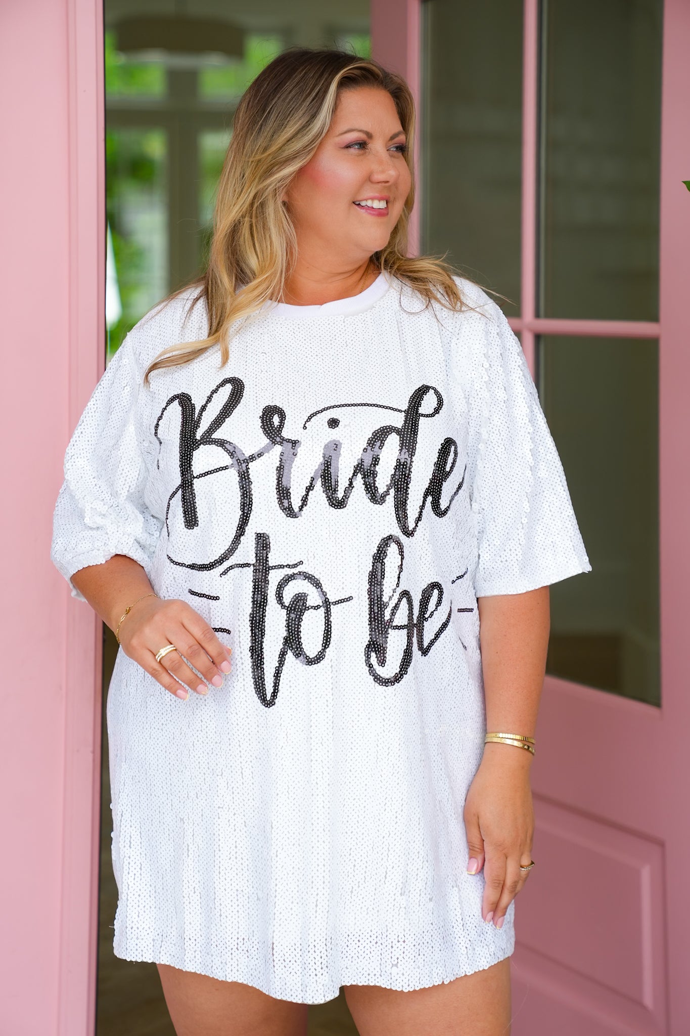 PLUS White Sequins Bride to Be Short Sleeve Dress