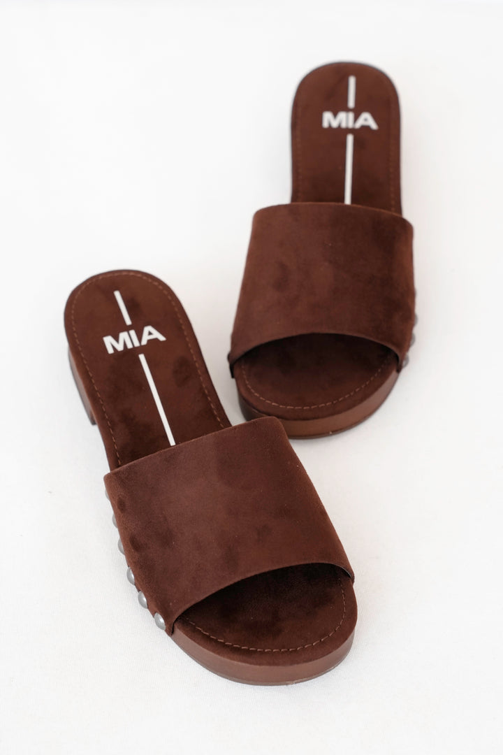 MIA Vegan Suede Studded Slide Block Heel Sandal