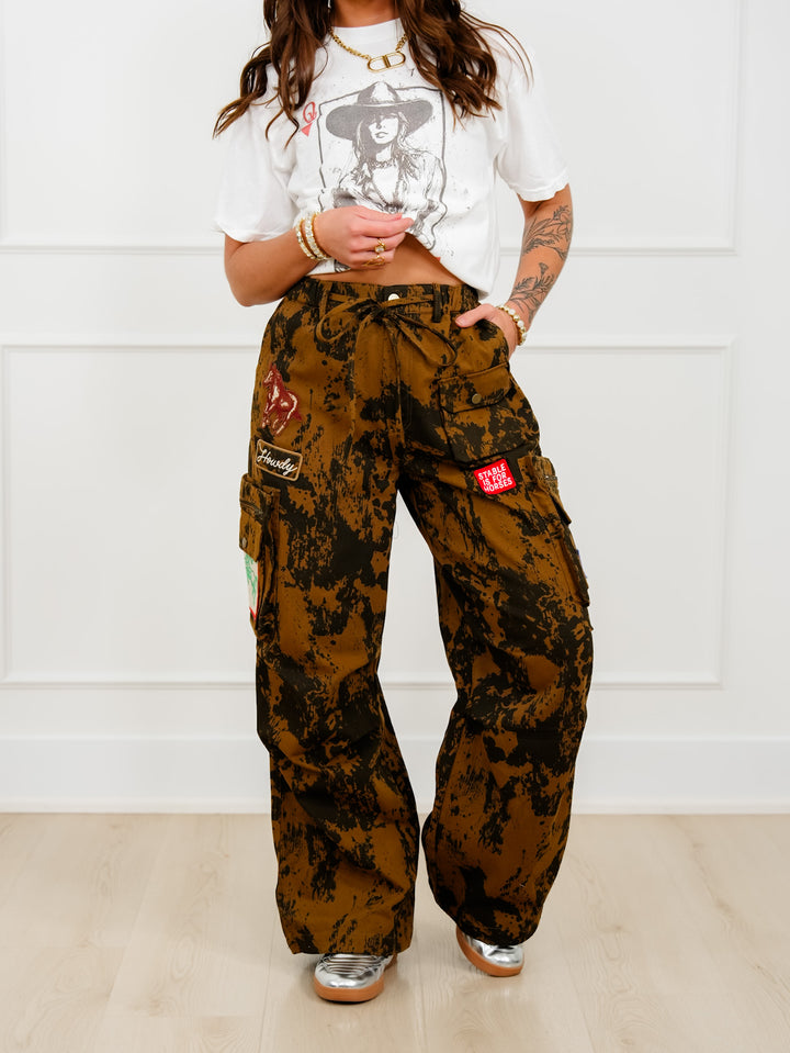 Plus/Reg Cow Print Elastic Waist Pants with Western Patches