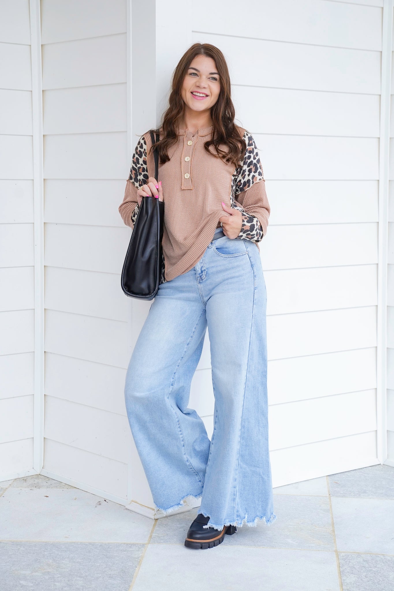 Plus/Reg Ribbed Long Sleeve Top with Animal Print Detail